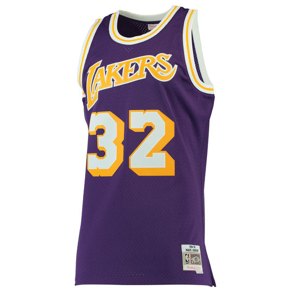 Men's Los Angeles Lakers Magic Johnson Mitchell & Ness Purple 1984-85 Hardwood Classics Swingman Jersey - vstockx
