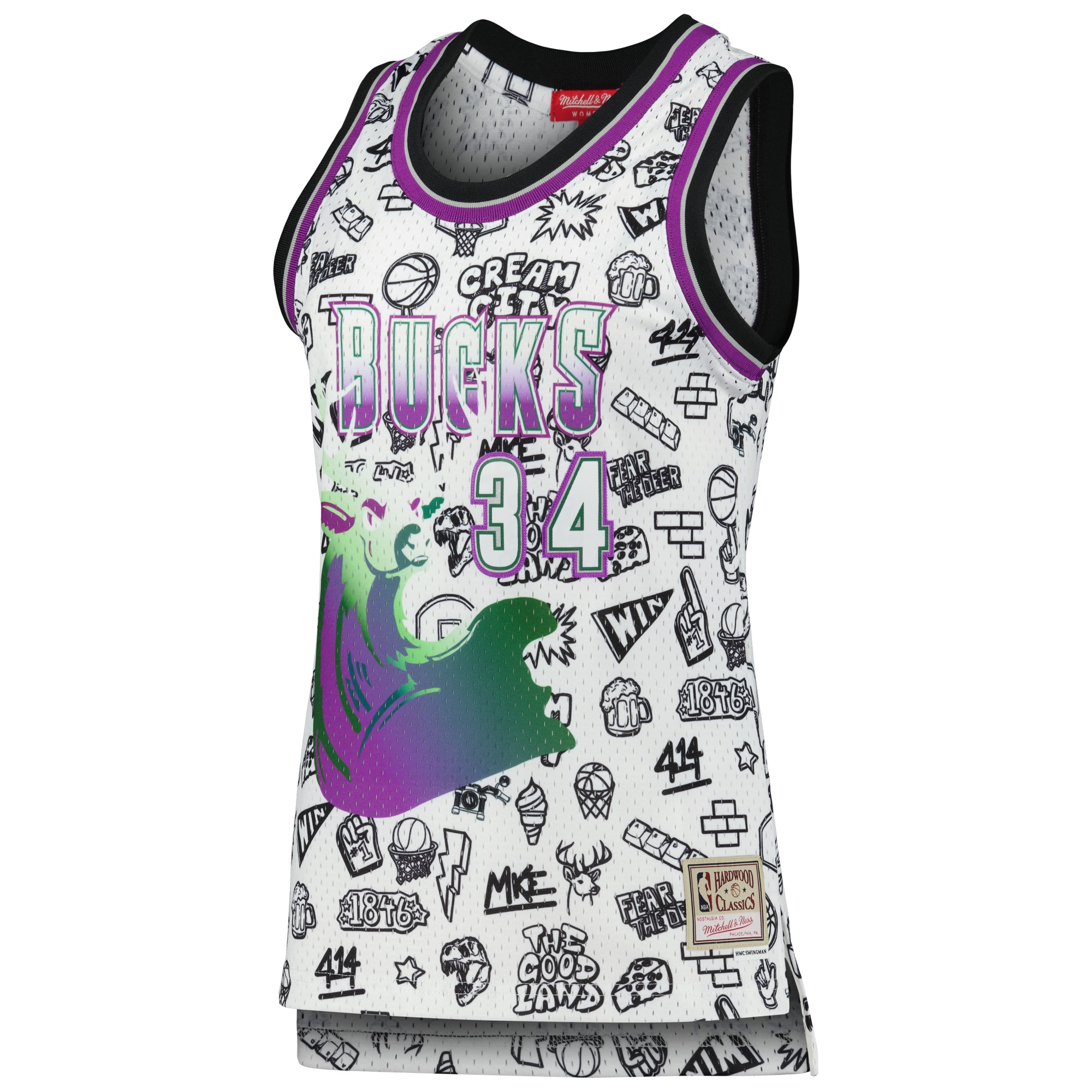 Ray Allen Milwaukee Bucks Mitchell & Ness Women's 1996 Doodle Swingman Jersey - White - vstockx