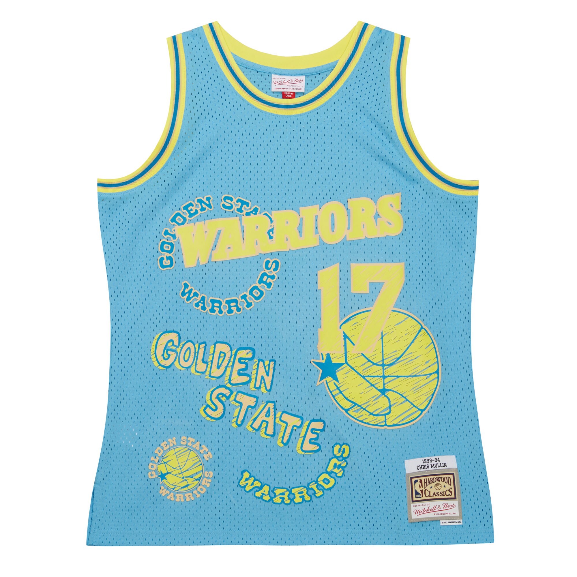 Chris Mullin Golden State Warriors Mitchell & Ness 1993/94 Swingman Sidewalk Sketch Jersey - Light Blue - vstockx