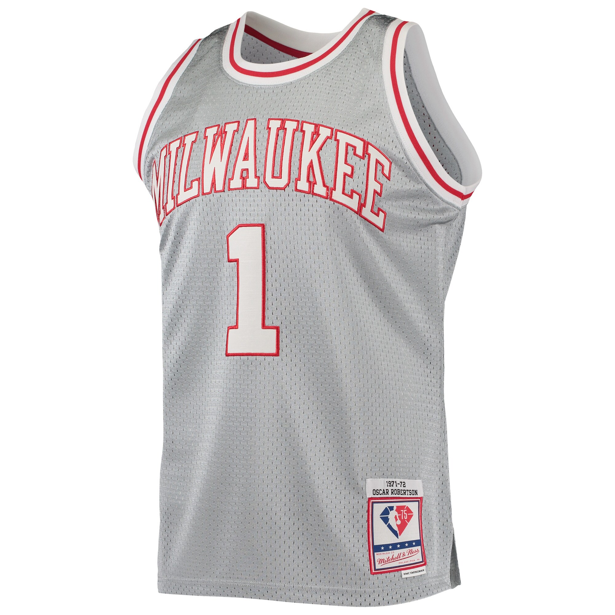 Oscar Robertson Milwaukee Bucks Mitchell & Ness 75th Anniversary 1971/72 Hardwood Classics Swingman Jersey - Silver - vstockx