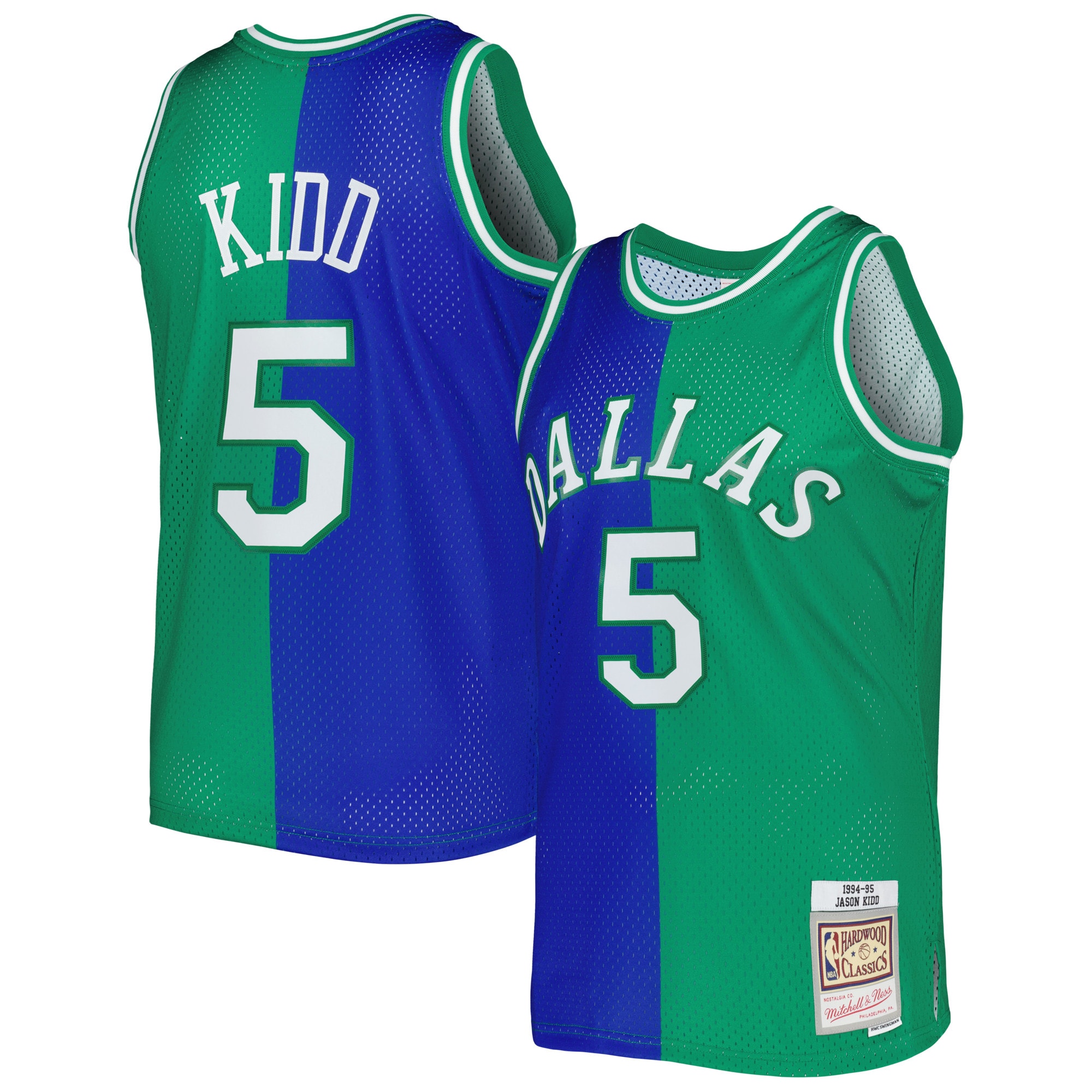 Jason Kidd Dallas Mavericks Mitchell & Ness Hardwood Classics 1994/95 Split Swingman Jersey - Blue/Green - vstockx