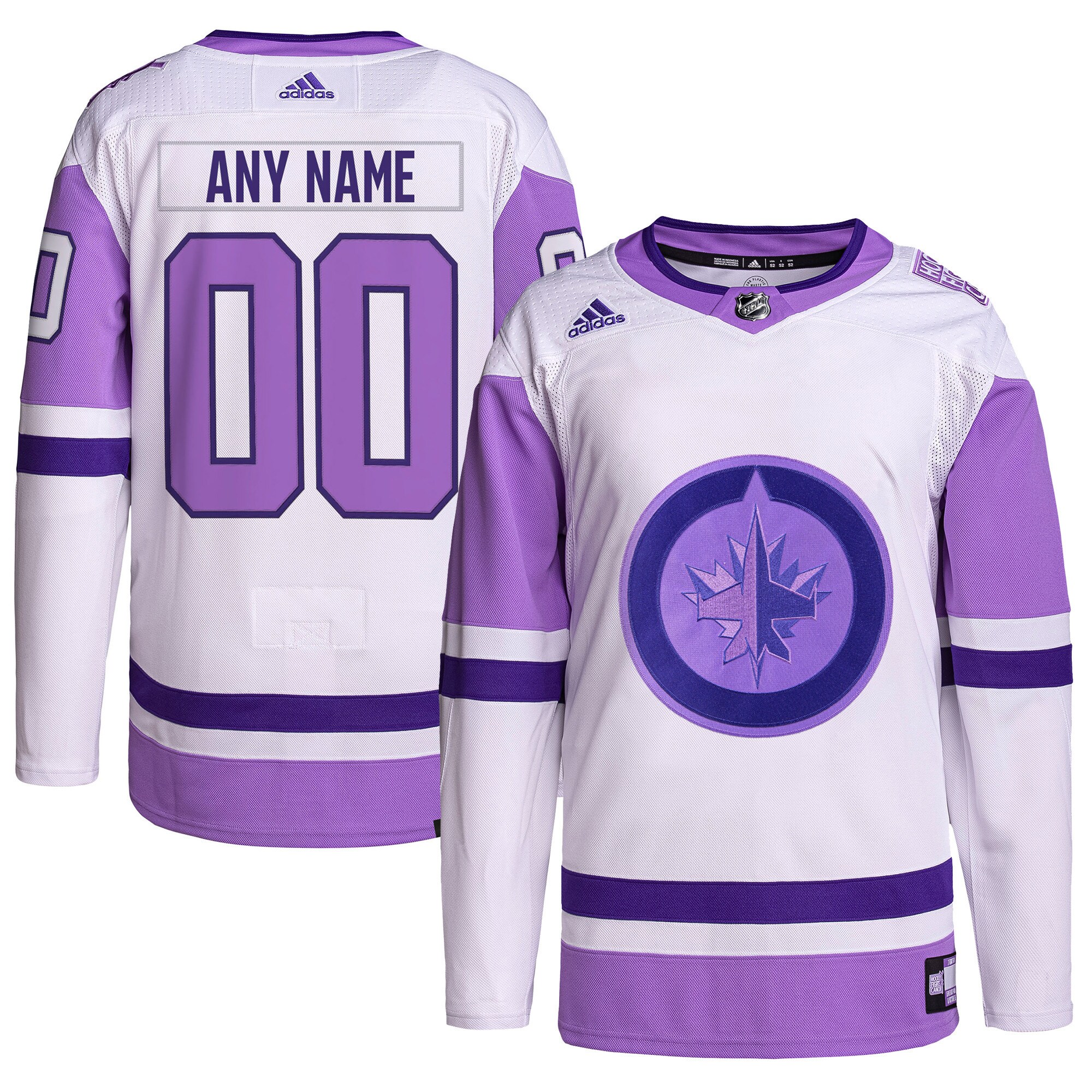 Winnipeg Jets adidas Hockey Fights Cancer Primegreen Authentic Custom Jersey - White/Purple - vstockx