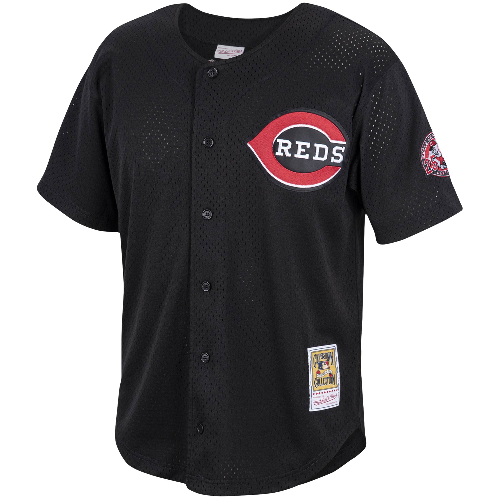 Barry Larkin Cincinnati Reds Mitchell & Ness Cooperstown Collection Mesh Batting Practice Button-Up Jersey - Black - vstockx