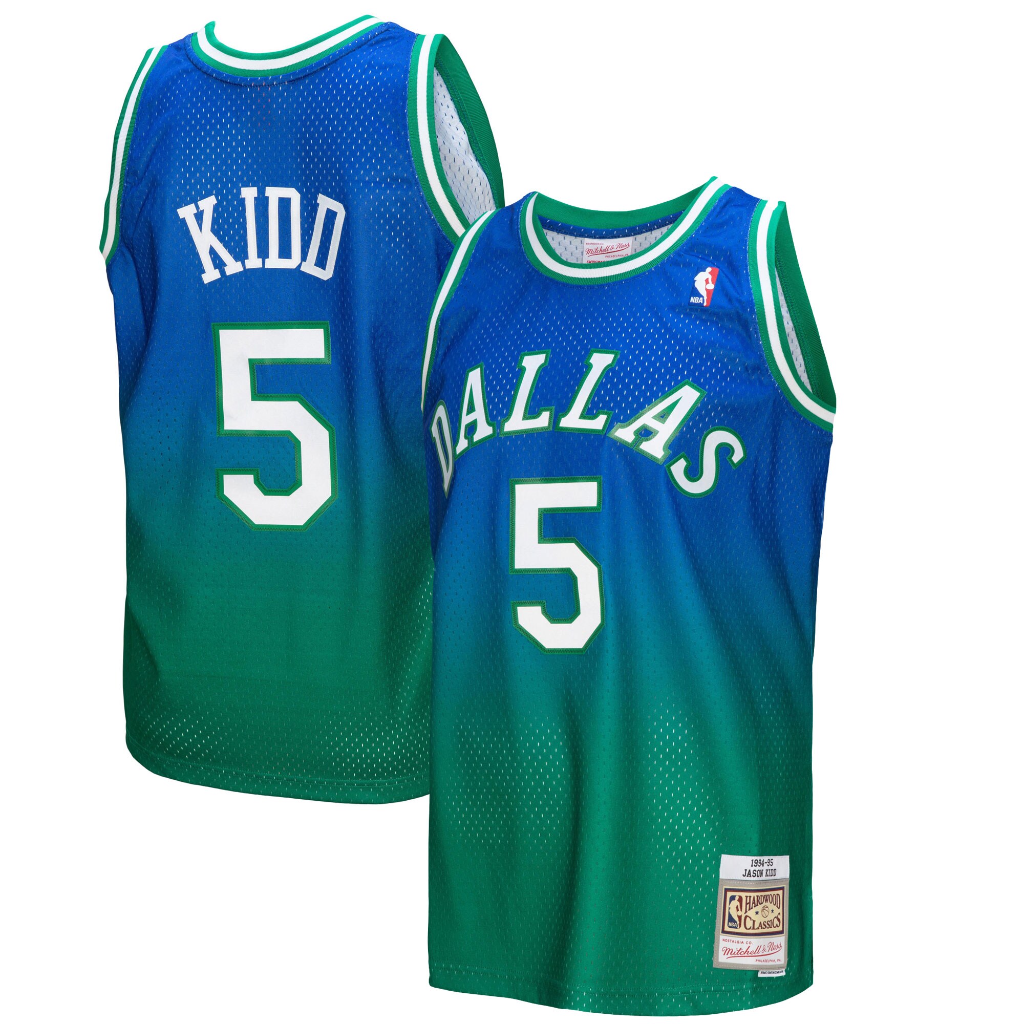 Jason Kidd Dallas Mavericks Mitchell & Ness 1994/95 Hardwood Classics Fadeaway Swingman Player Jersey - Green/Navy - vstockx