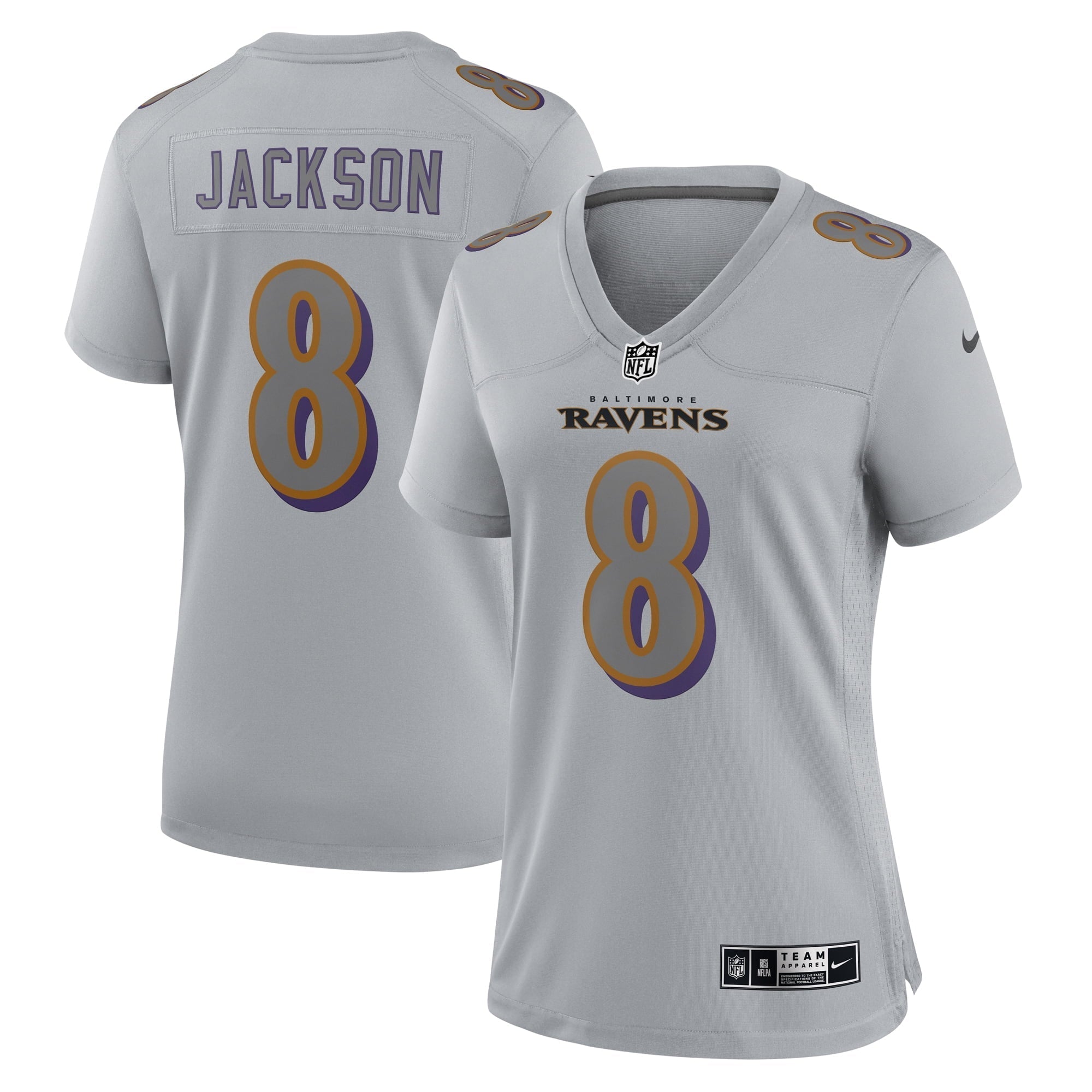Women's Nike Lamar Jackson Gray Baltimore Ravens Atmosphere Fashion Game Jersey - vstockx
