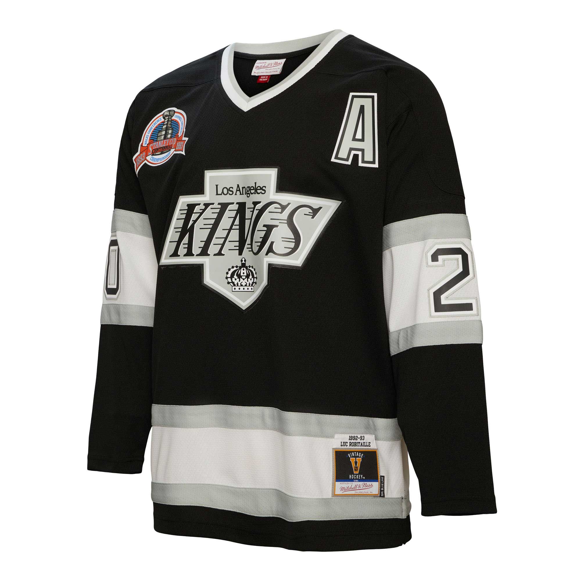 Luc Robitaille Los Angeles Kings Mitchell & Ness 1992/93 Alternate Captain Patch Blue Line Player Jersey - Black - vstockx