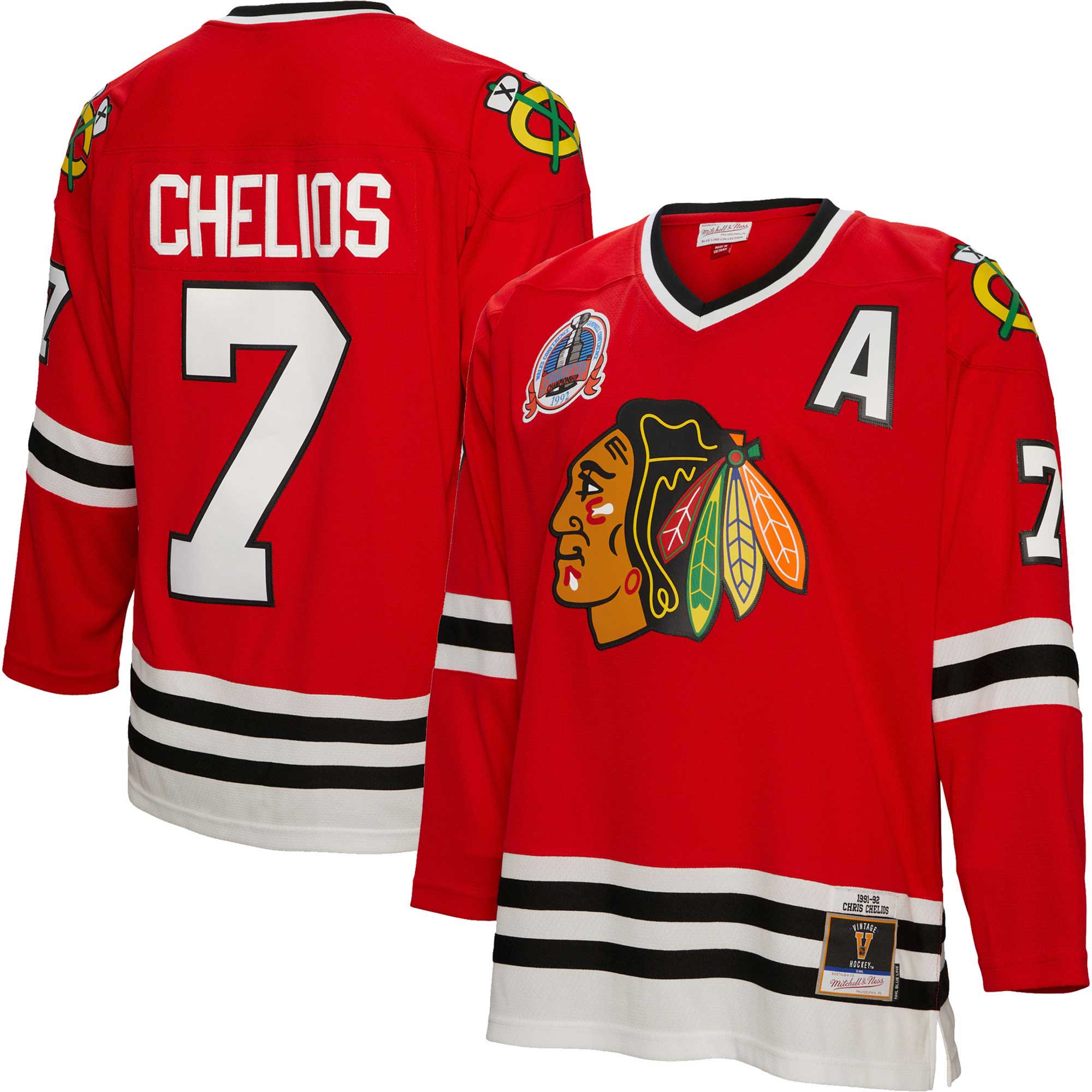 Chris Chelios Chicago Blackhawks Mitchell & Ness 1991/92 Alternate Captain Patch Blue Line Player Jersey - Red - vstockx