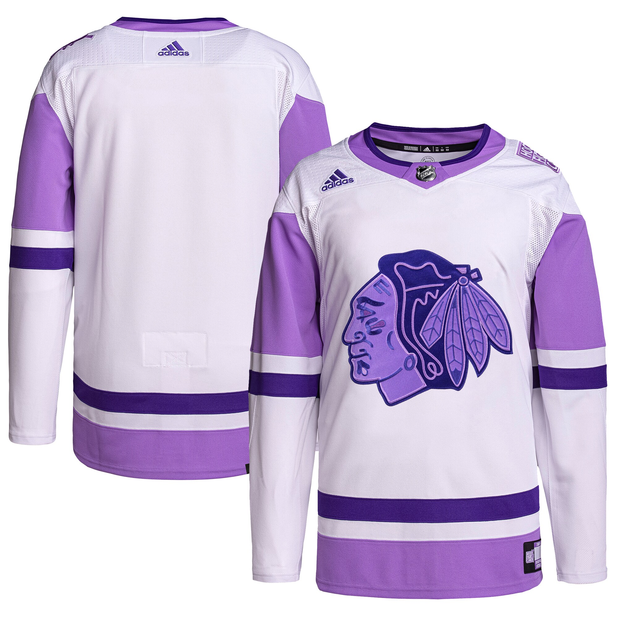 Chicago Blackhawks adidas Hockey Fights Cancer Primegreen Authentic Blank Practice Jersey - White/Purple - vstockx