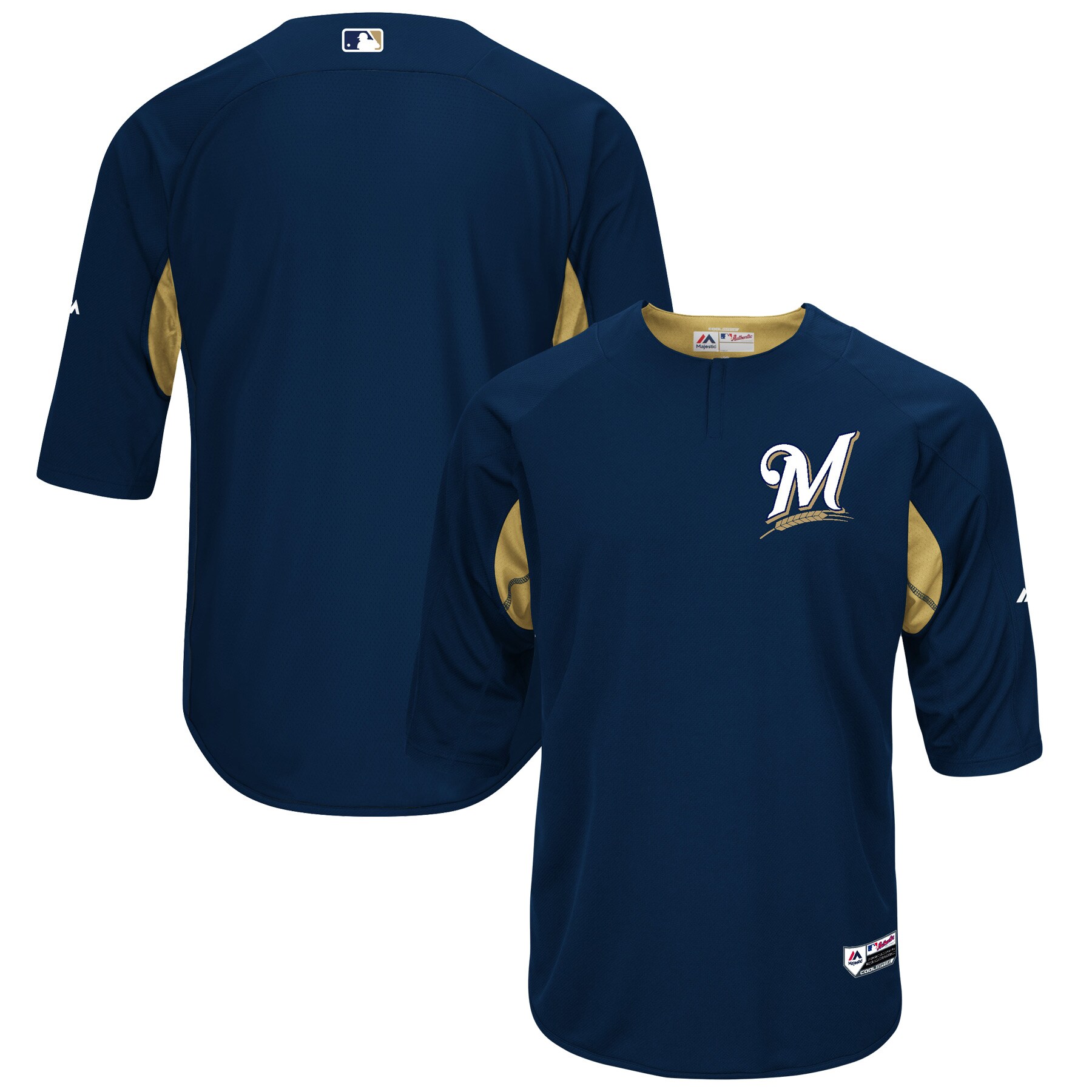 Milwaukee Brewers Majestic Authentic Collection On-Field 3/4-Sleeve Batting Practice Jersey - Navy/Gold - vstockx