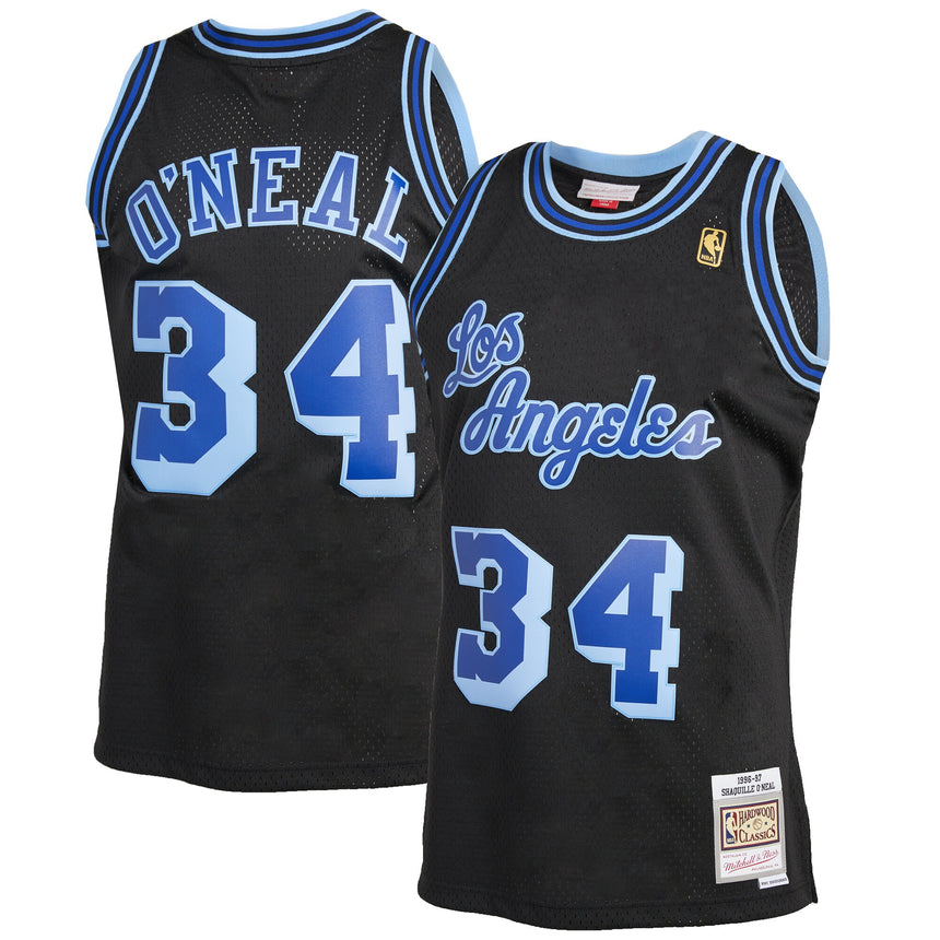 Men's Mitchell & Ness Shaquille O'Neal Black Los Angeles Lakers 1996-97 Hardwood Classics Reload 2.0 Swingman Jersey - vstockx