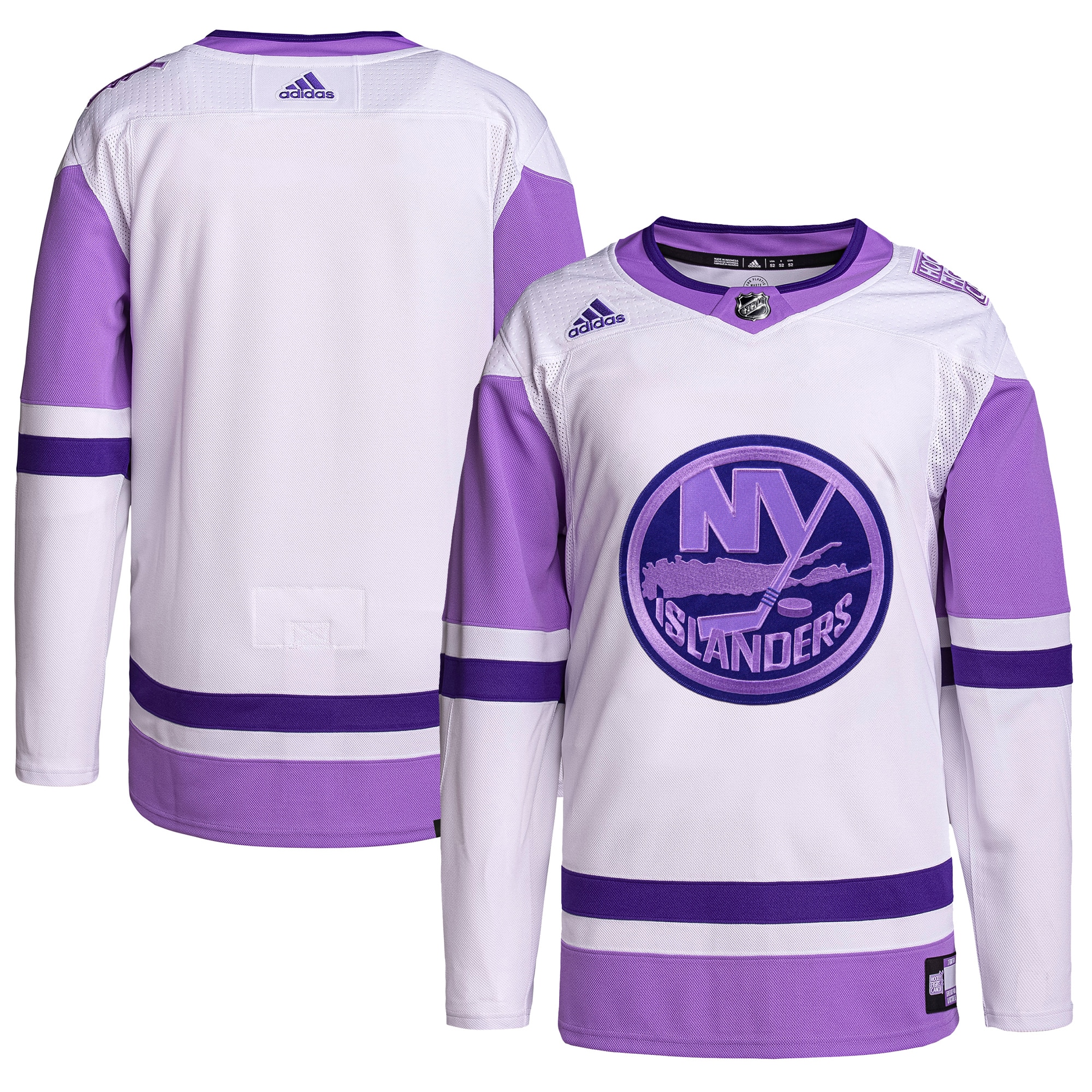 New York Islanders adidas Hockey Fights Cancer Primegreen Authentic Blank Practice Jersey - White/Purple - vstockx