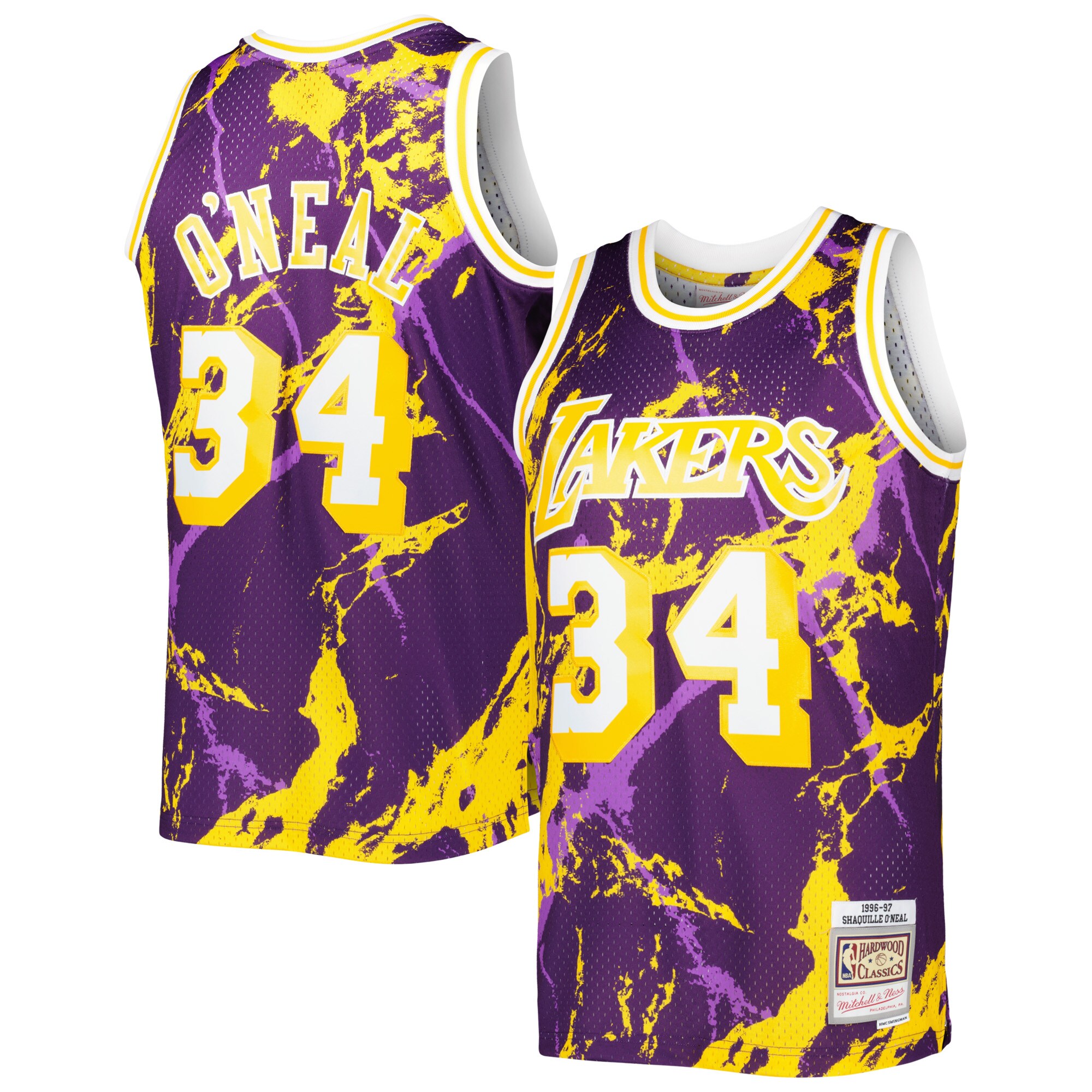 Shaquille O'Neal Los Angeles Lakers Mitchell & Ness 1996/97 Hardwood Classics Marble Swingman Jersey - Purple - vstockx