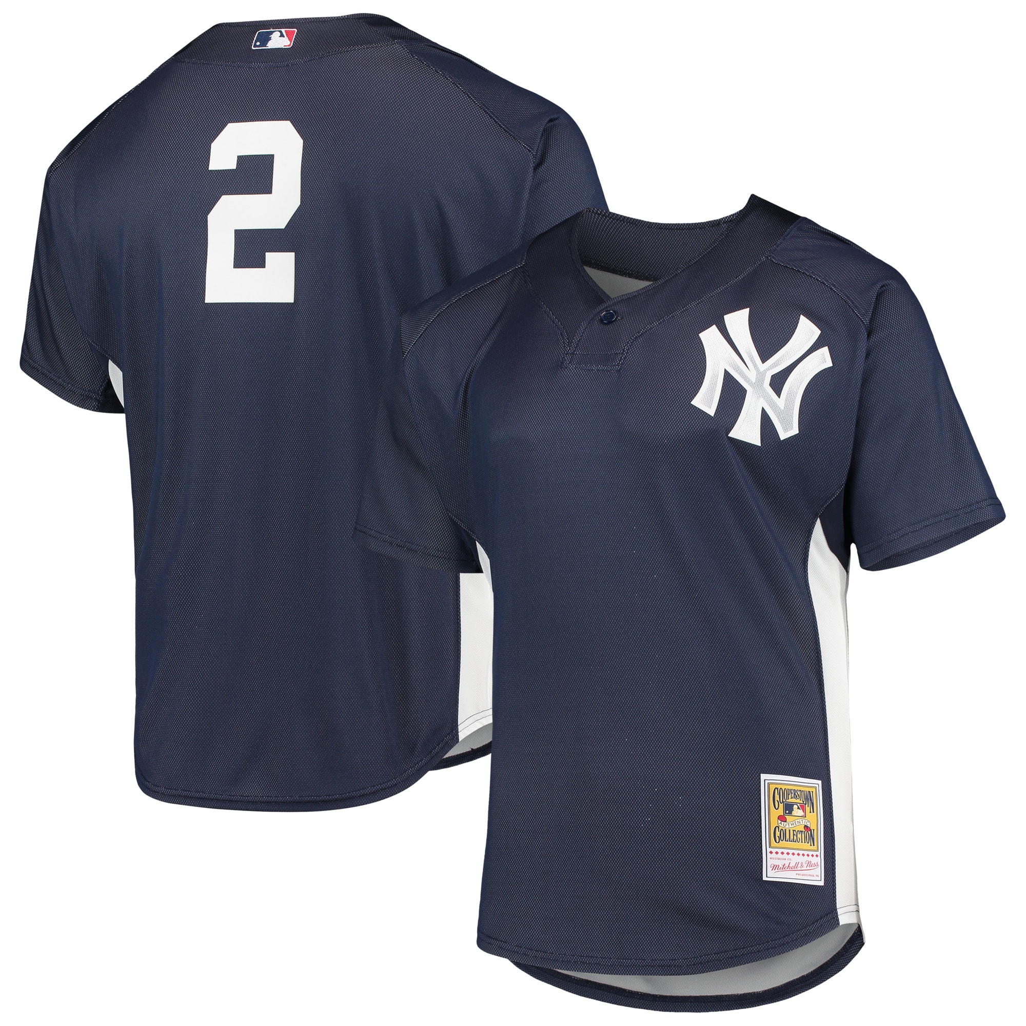 Derek Jeter New York Yankees Mitchell & Ness Cooperstown Collection Mesh Batting Practice Button-Up Jersey - Navy - vstockx