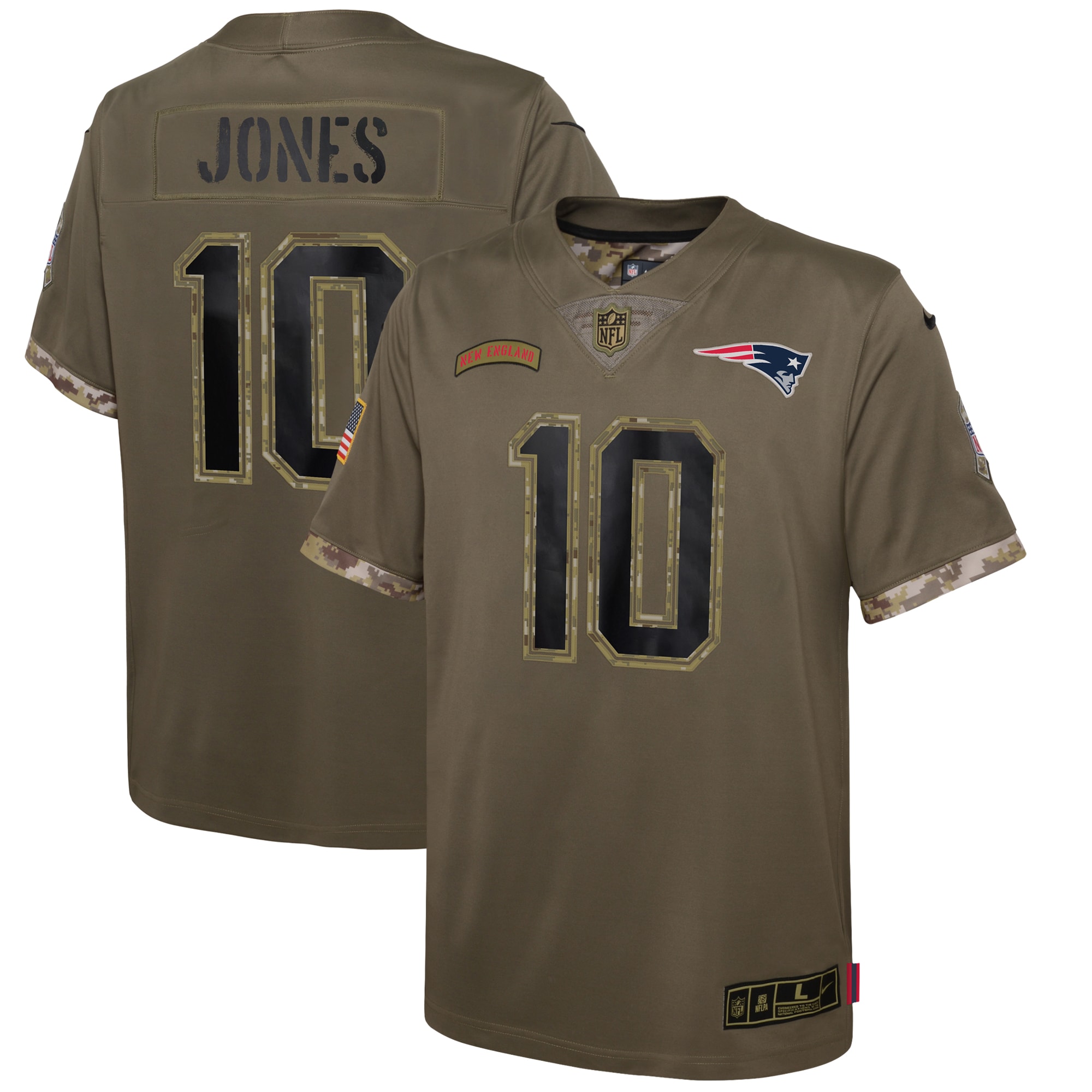 Mac Jones New England Patriots Nike Youth 2022 Salute To Service Player Limited Jersey - Olive - vstockx