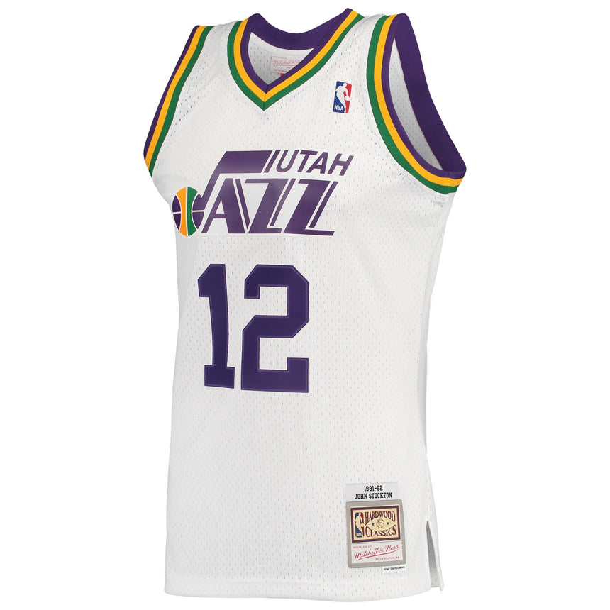 Men's Mitchell & Ness John Stockton Utah Jazz White 1991-92 Hardwood Classics Swingman Jersey - vstockx