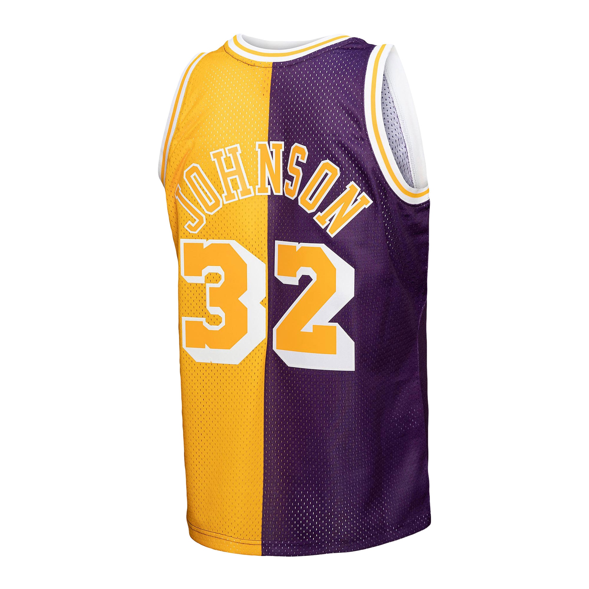 Magic Johnson Los Angeles Lakers Mitchell & Ness Big & Tall Hardwood Classics 1984/85 Split Swingman Jersey - Purple/Gold - vstockx