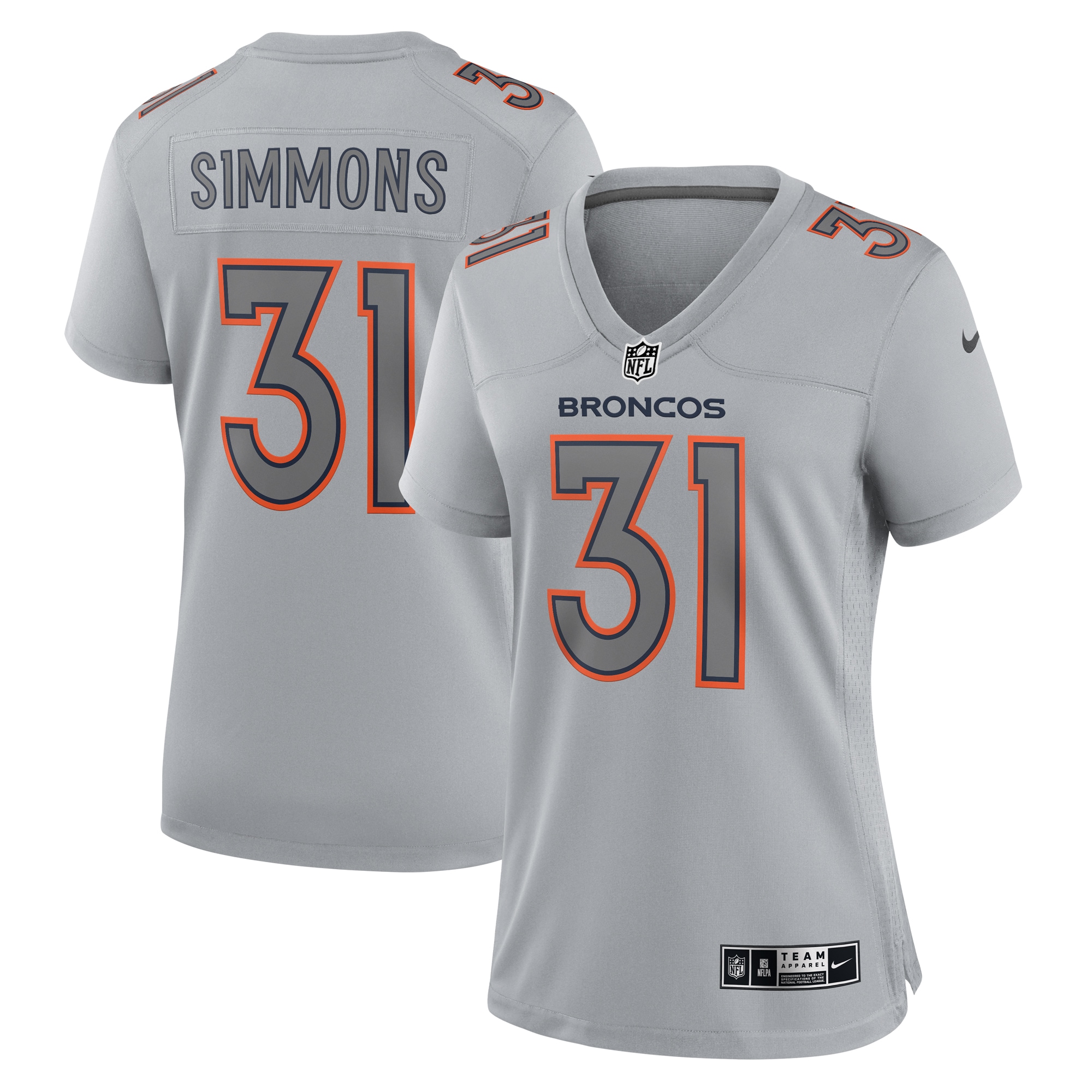 Justin Simmons Denver Broncos Nike Women's Atmosphere Fashion Game Jersey - Gray - vstockx