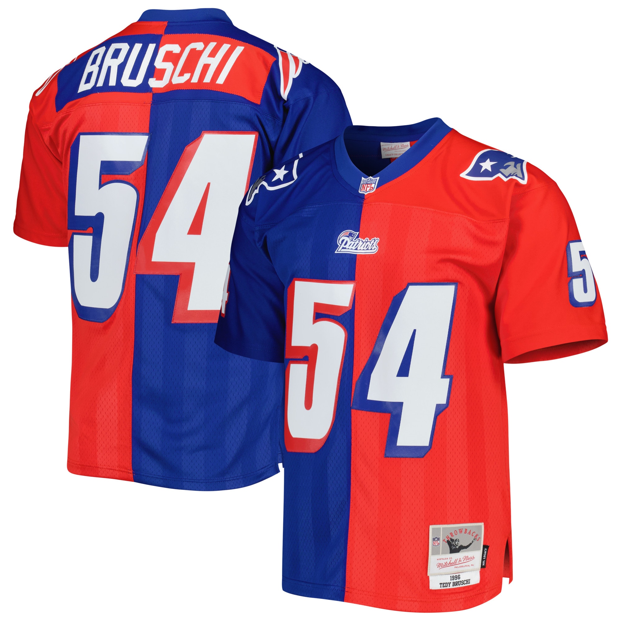 Tedy Bruschi New England Patriots Mitchell & Ness 1996 Split Legacy Replica Jersey - Royal/Red - vstockx