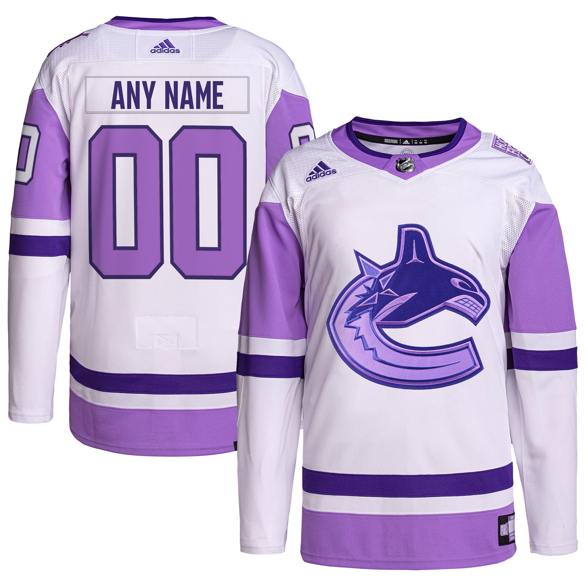 Vancouver Canucks adidas Hockey Fights Cancer Primegreen Authentic Custom Jersey - White/Purple - vstockx