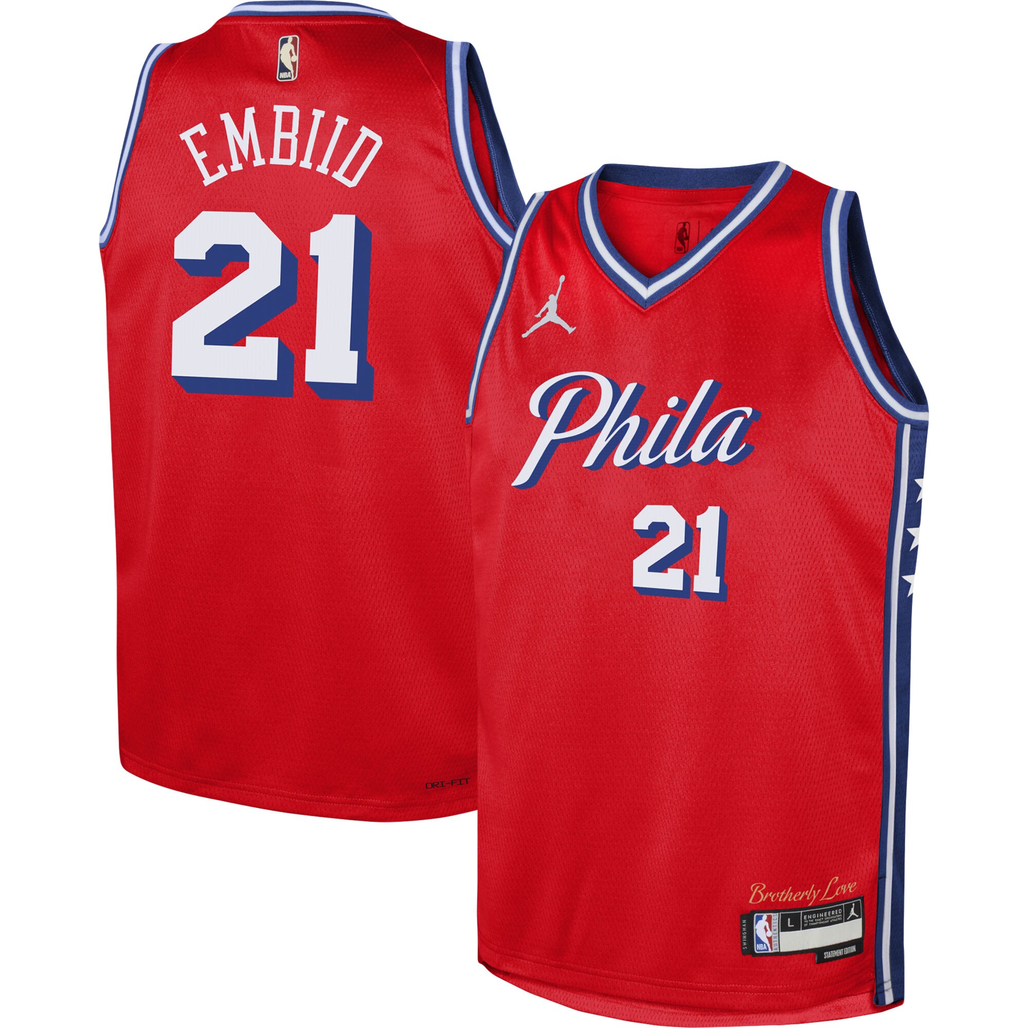 Joel Embiid Philadelphia 76ers Jordans Brand Youth Swingman Jersey - Statement Edition - Red - vstockx