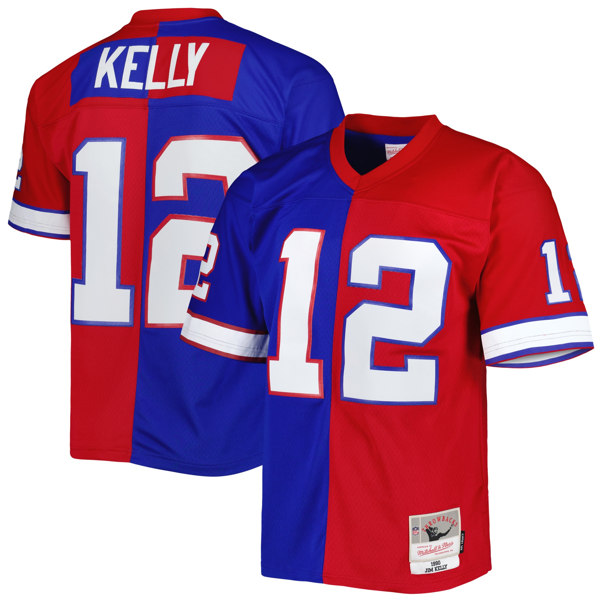 Jim Kelly Buffalo Bills Mitchell & Ness 1990 Split Legacy Replica Jersey - Royal/Red - vstockx