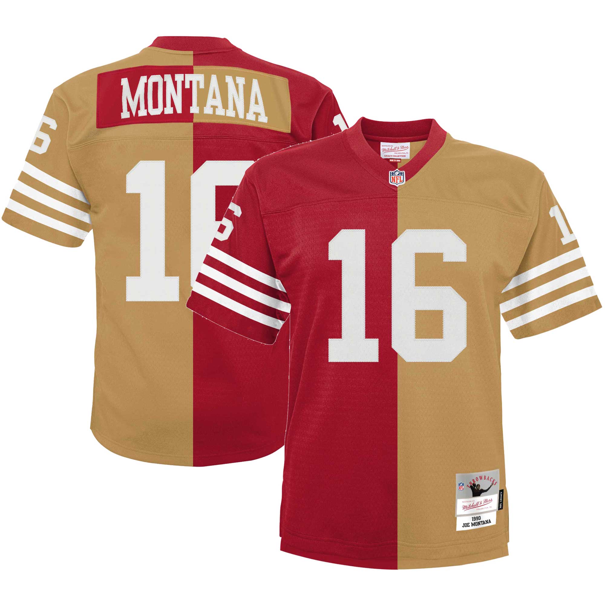 Joe Montana San Francisco 49ers Mitchell & Ness Youth Split Legacy Jersey - Scarlet/Gold - vstockx
