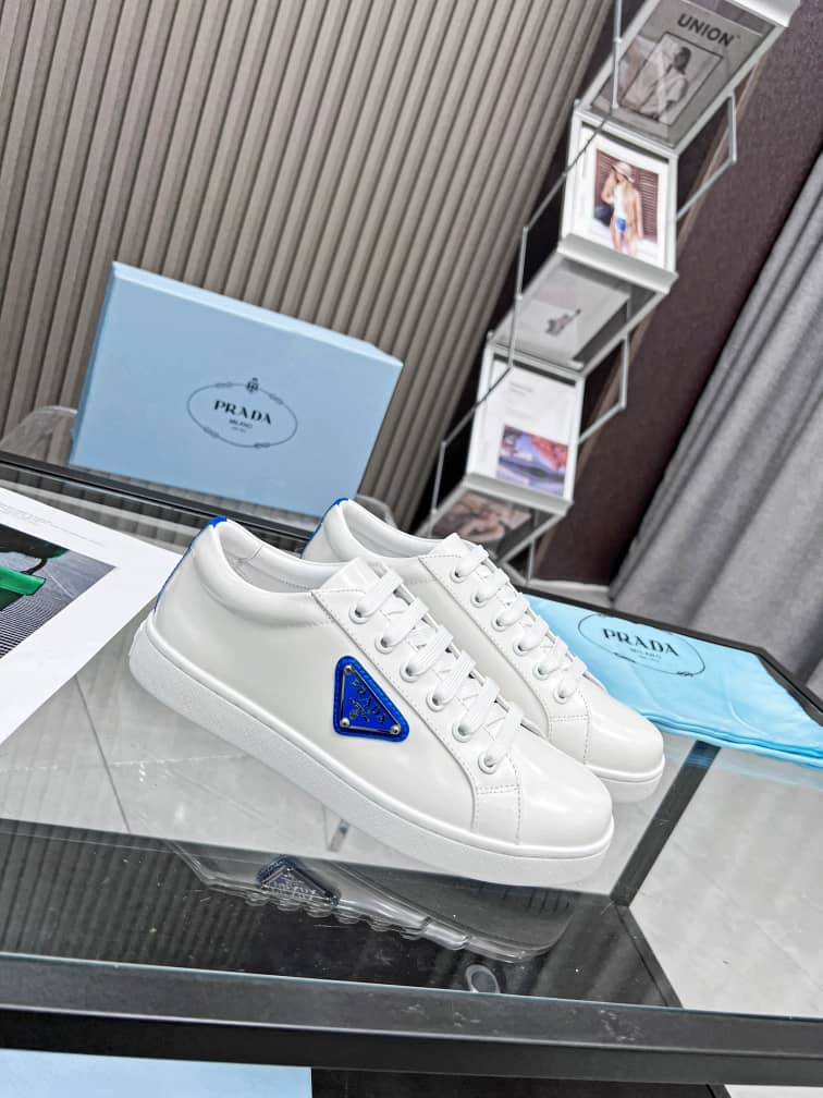 Prada Brushed Sneakers Leather White White Cobalt Blue - vstockx