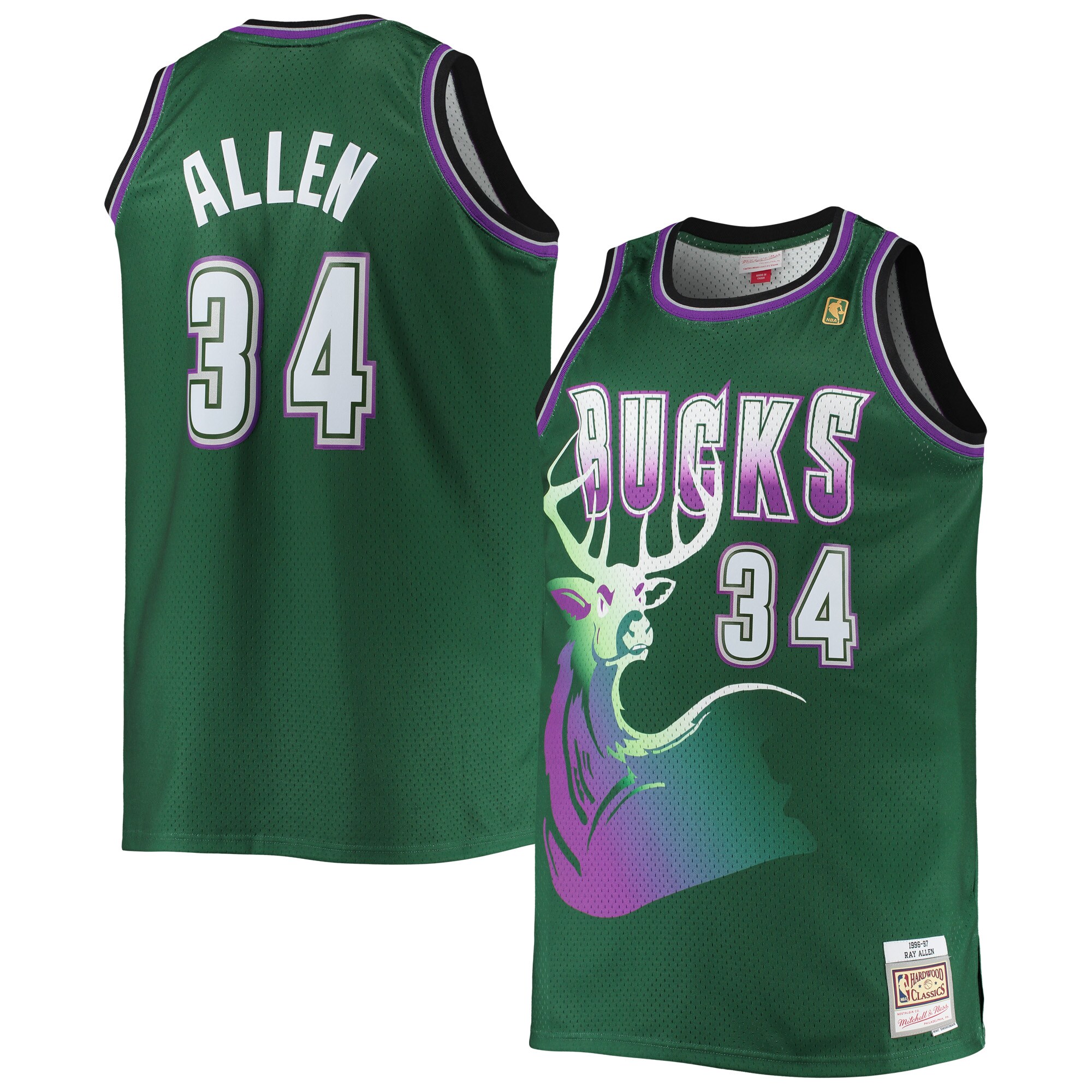 Ray Allen Milwaukee Bucks Mitchell & Ness Big & Tall 1996/97 Hardwood Classics Swingman Jersey - Hunter Green - vstockx