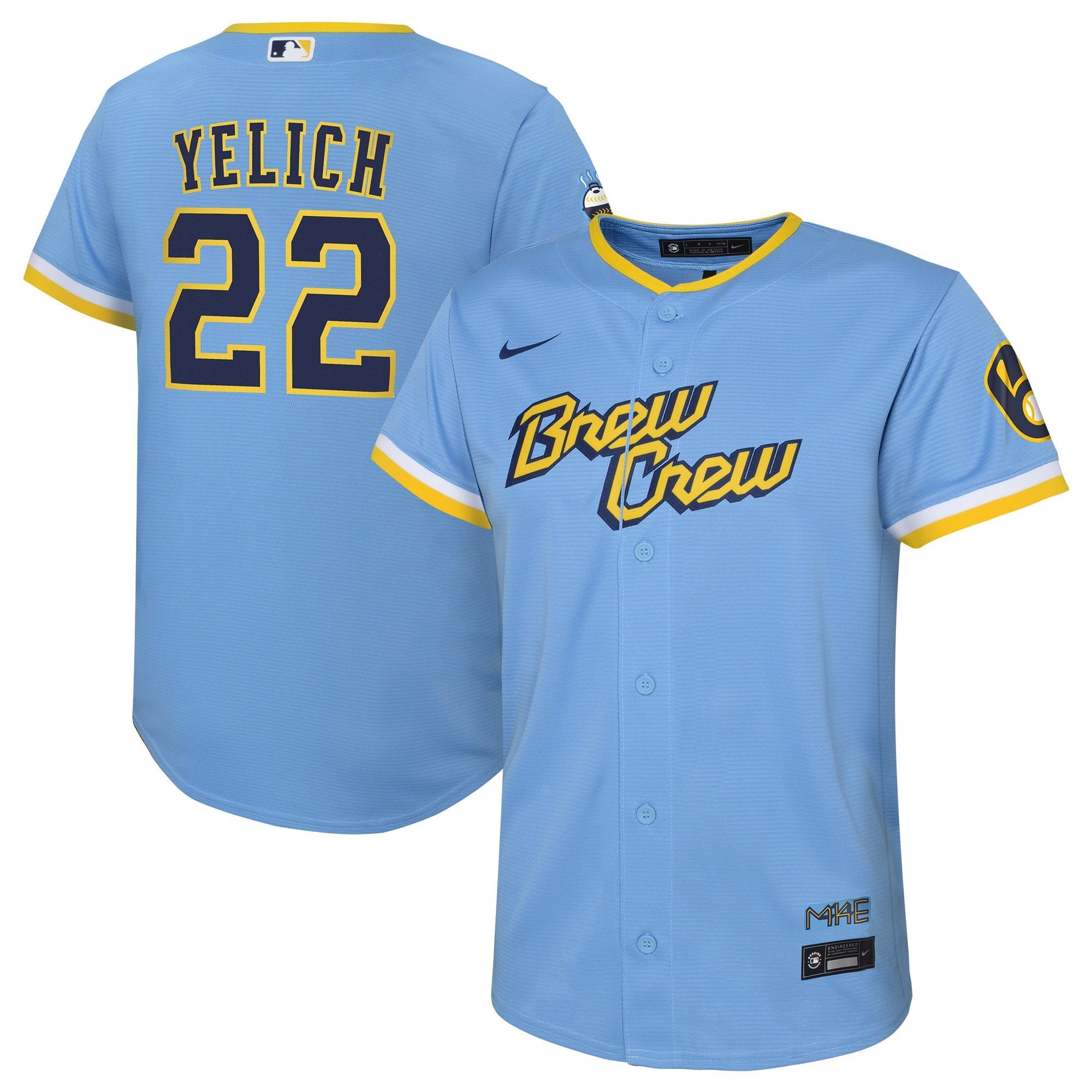 Youth Nike Christian Yelich Powder Blue Milwaukee Brewers 2022 City Connect Replica Player Jersey - vstockx