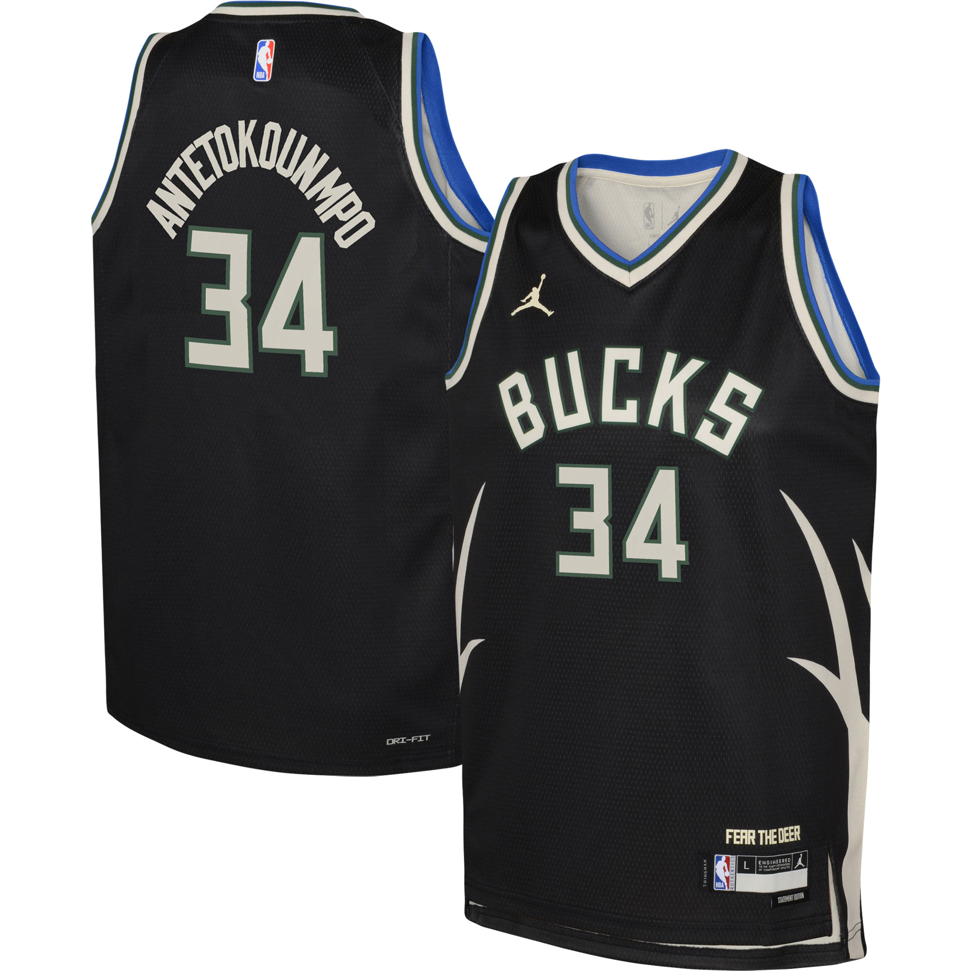 Giannis Antetokounmpo Milwaukee Bucks Jordans Brand Youth Swingman Jersey - Statement Edition - Black - vstockx