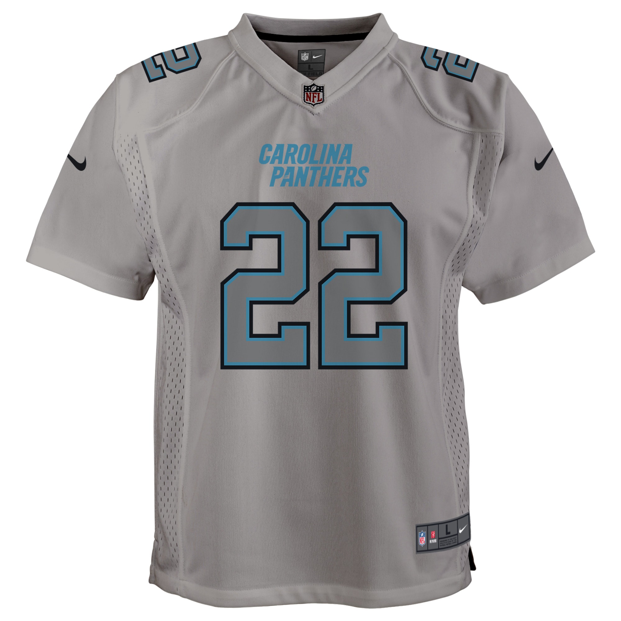 Christian McCaffrey Carolina Panthers Nike Youth Atmosphere Game Jersey - Gray - vstockx
