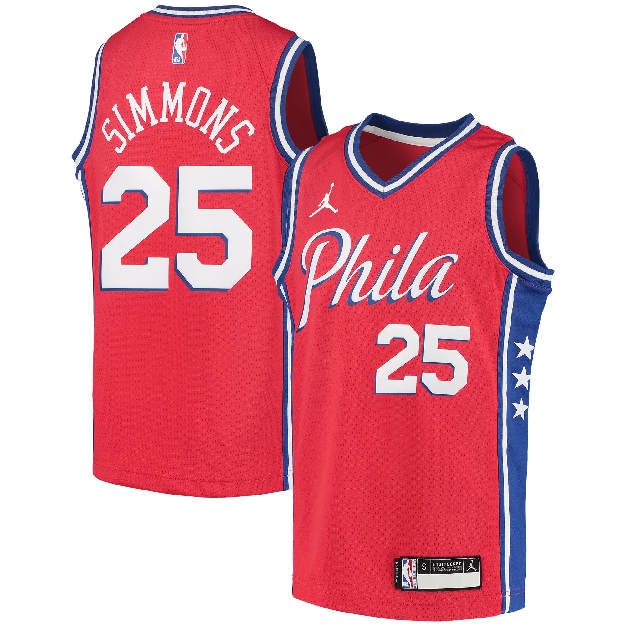 Ben Simmons Philadelphia 76ers Jordans Brand Youth 2020/21 Swingman Player Jersey - Statement Edition - Red - vstockx