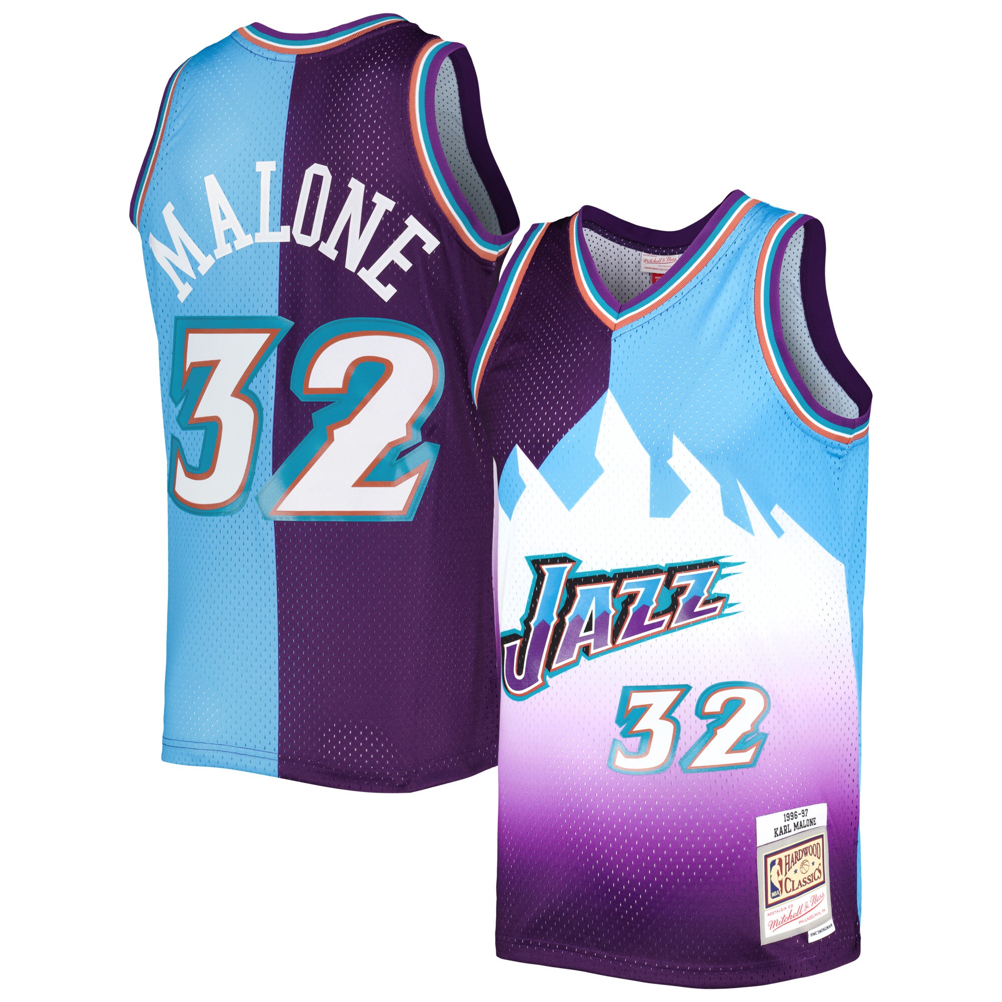 Karl Malone Utah Jazz Mitchell & Ness Hardwood Classics 1996/97 Split Swingman Jersey - Purple/Turquoise - vstockx