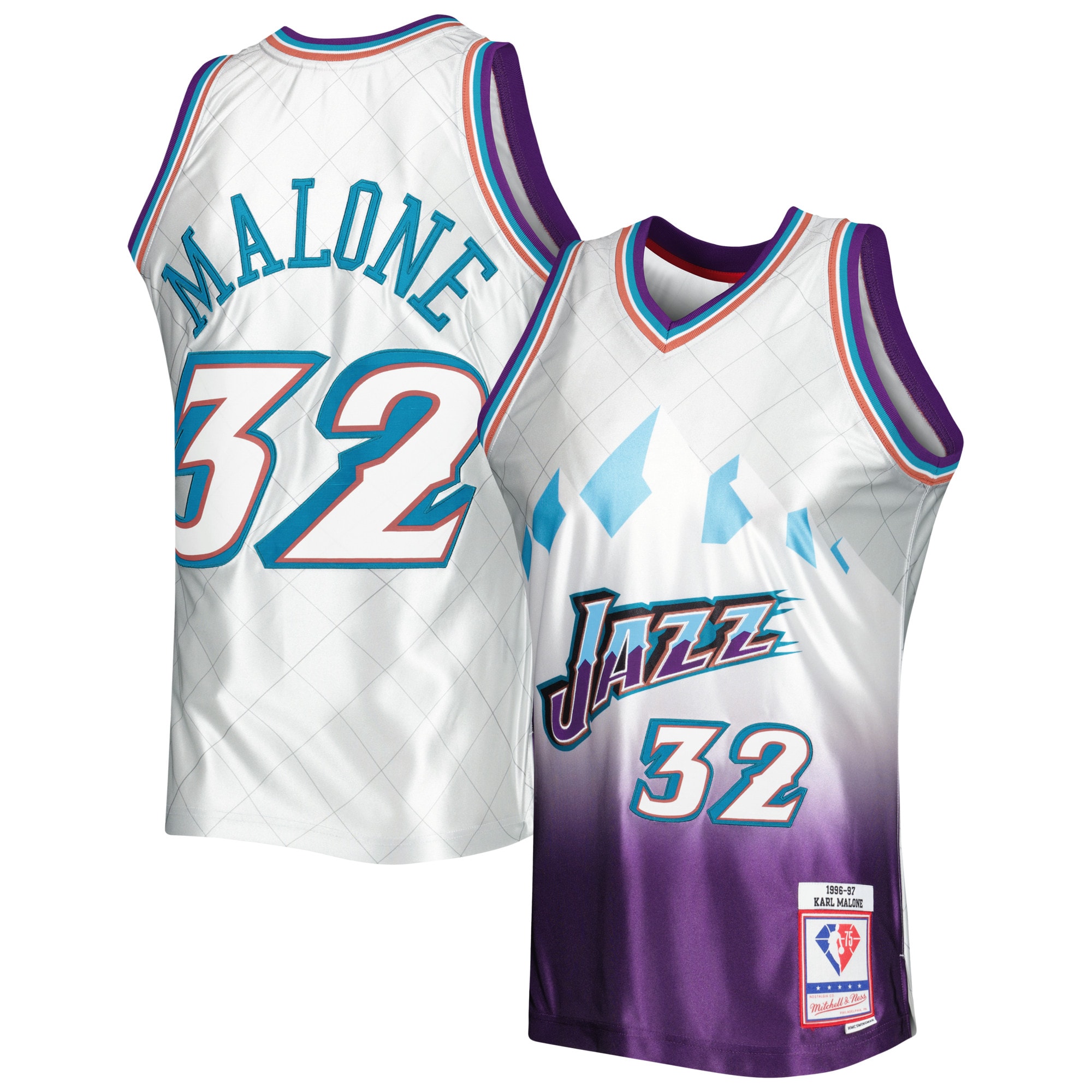 Karl Malone Utah Jazz Mitchell & Ness 1996/97 Hardwood Classics 75th Anniversary Swingman Jersey - Platinum - vstockx