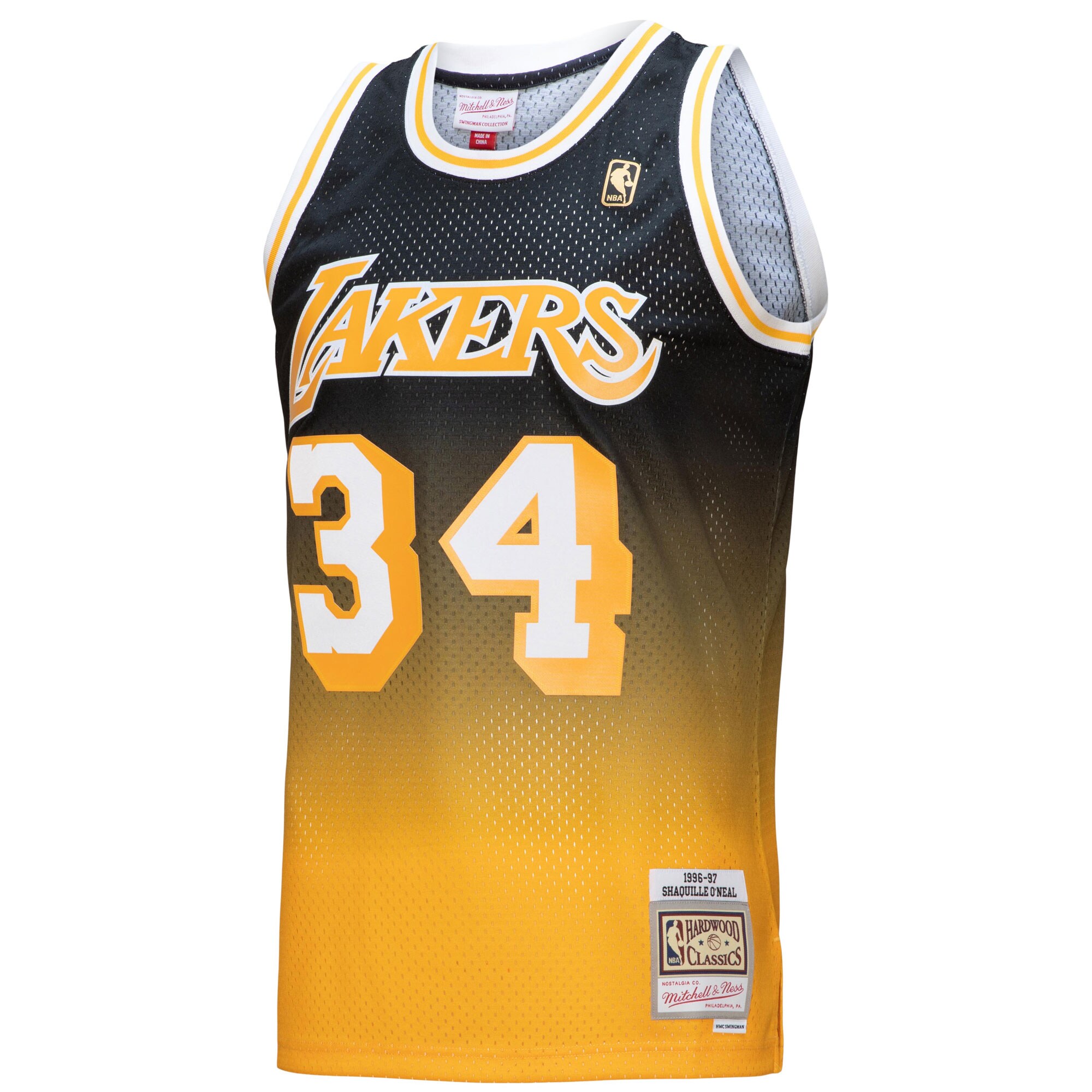 Shaquille O'Neal Los Angeles Lakers Mitchell & Ness 1996/97 Hardwood Classics Fadeaway Swingman Player Jersey - Gold/Black - vstockx