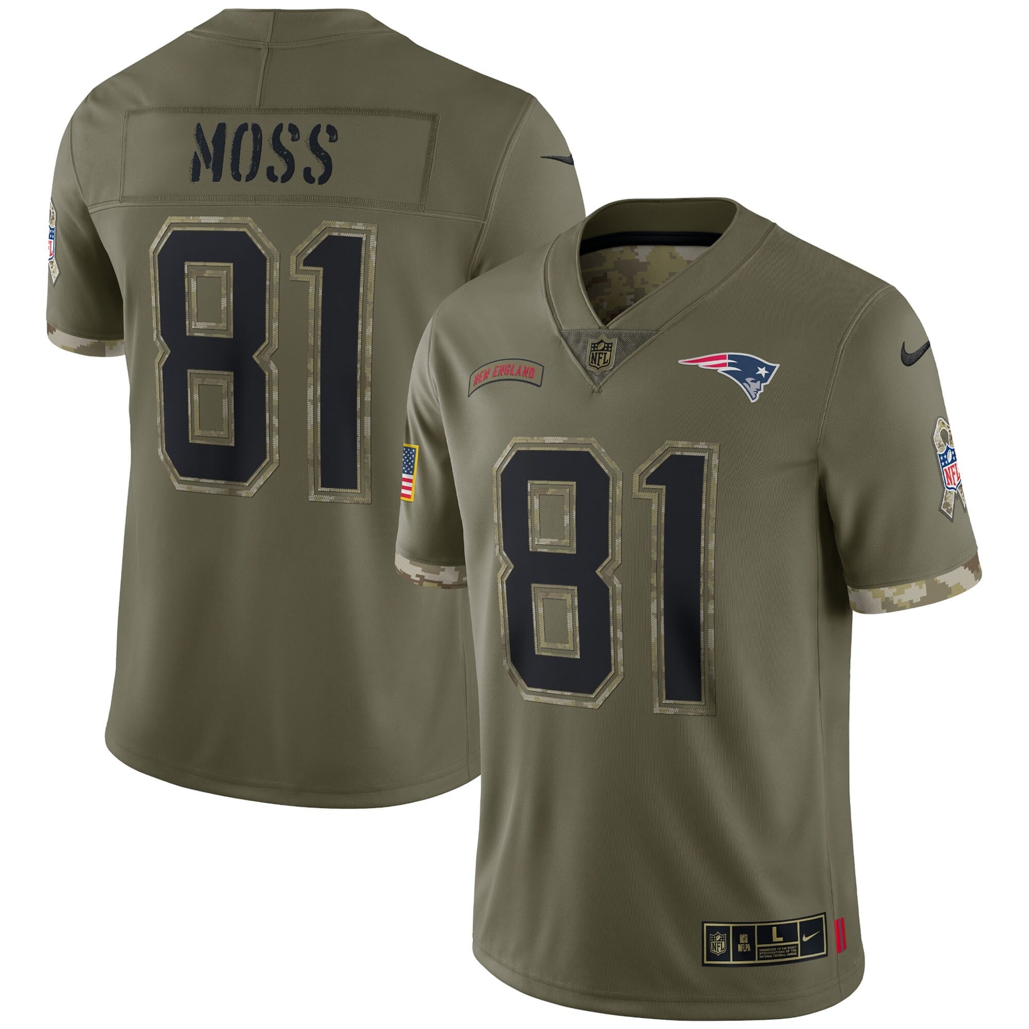 Men's Nike Randy Moss Olive New England Patriots 2022 Salute To Service Retired Player Limited Jersey - vstockx