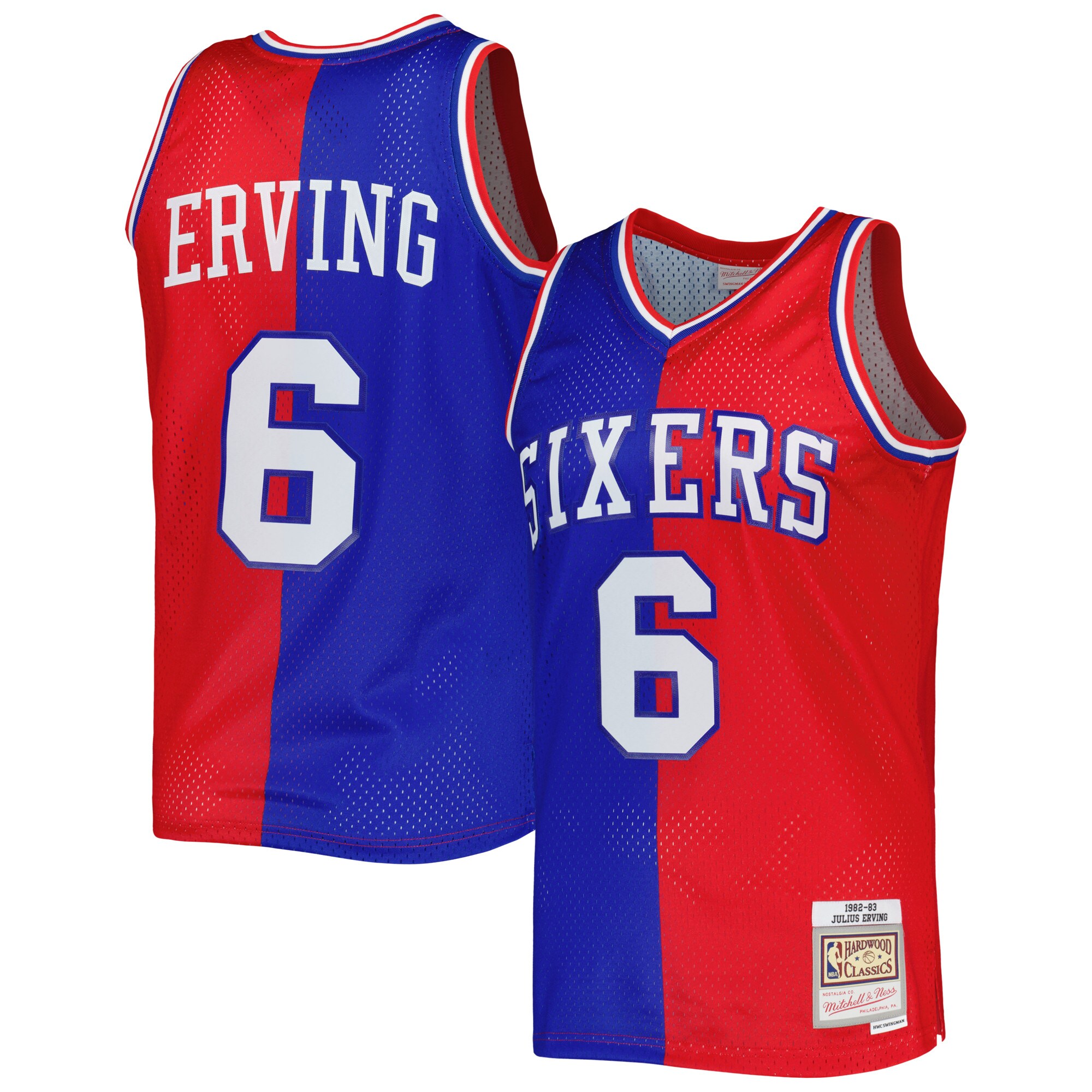 Julius Erving Philadelphia 76ers Mitchell & Ness Hardwood Classics 1982/83 Split Swingman Jersey - Royal/Red - vstockx