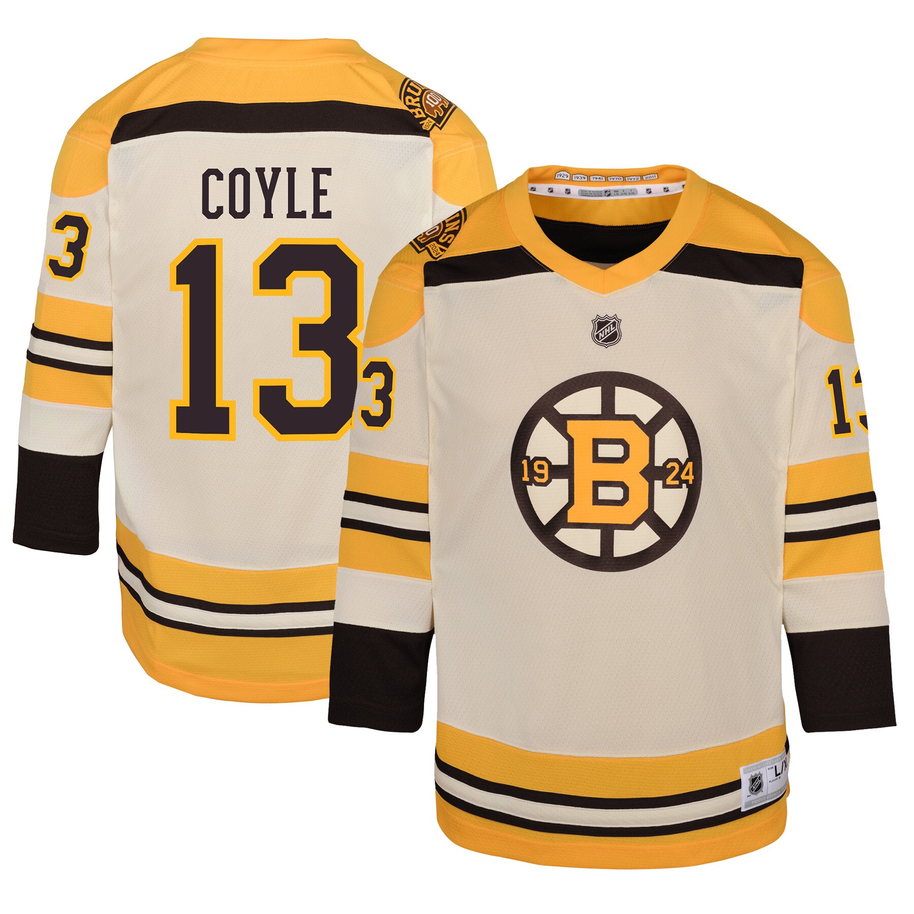 Charlie Coyle Boston Bruins Youth 100th Anniversary Replica Player Jersey - Cream - vstockx