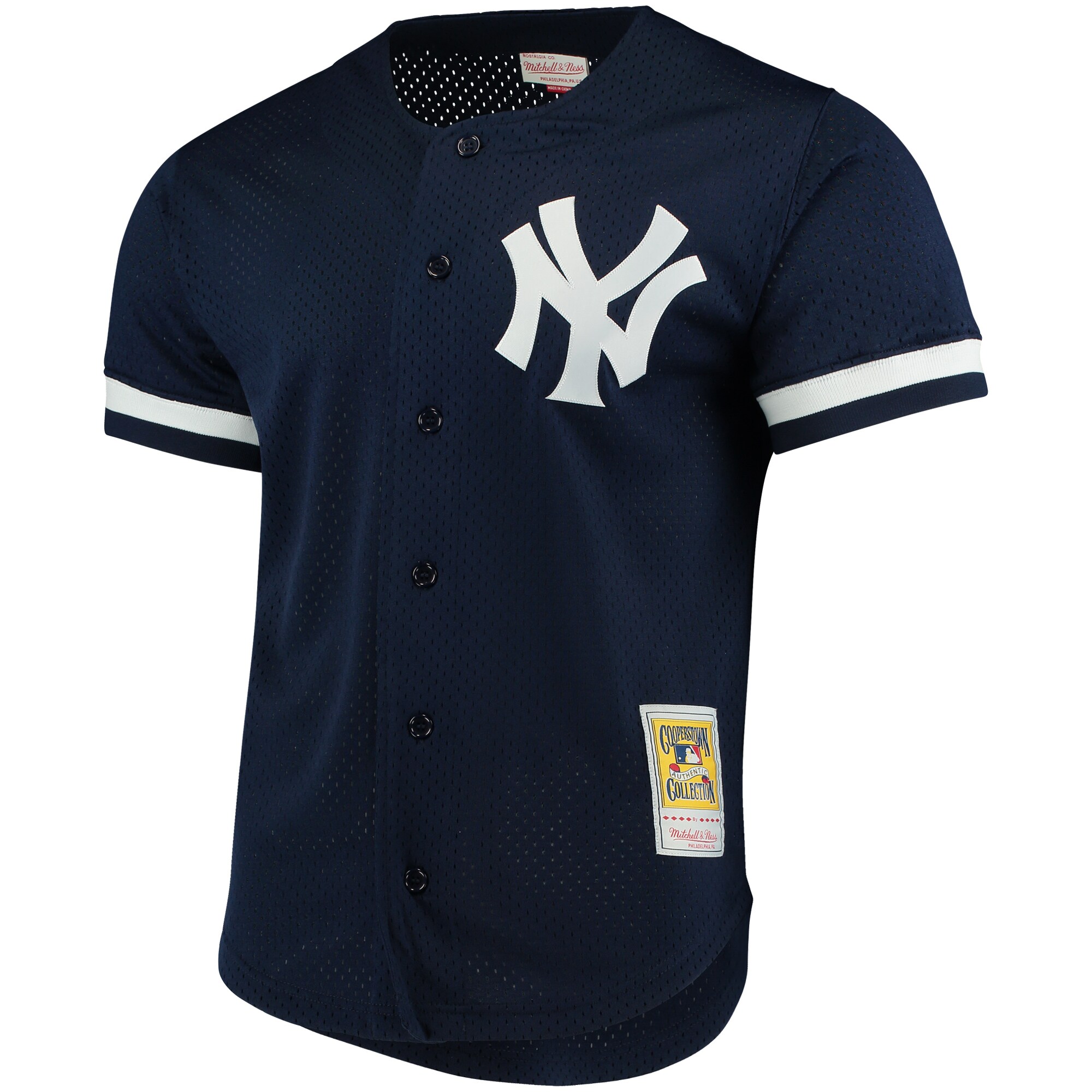 Bernie Williams New York Yankees Mitchell & Ness Cooperstown Collection Mesh Batting Practice Button-Up Jersey - Navy - vstockx