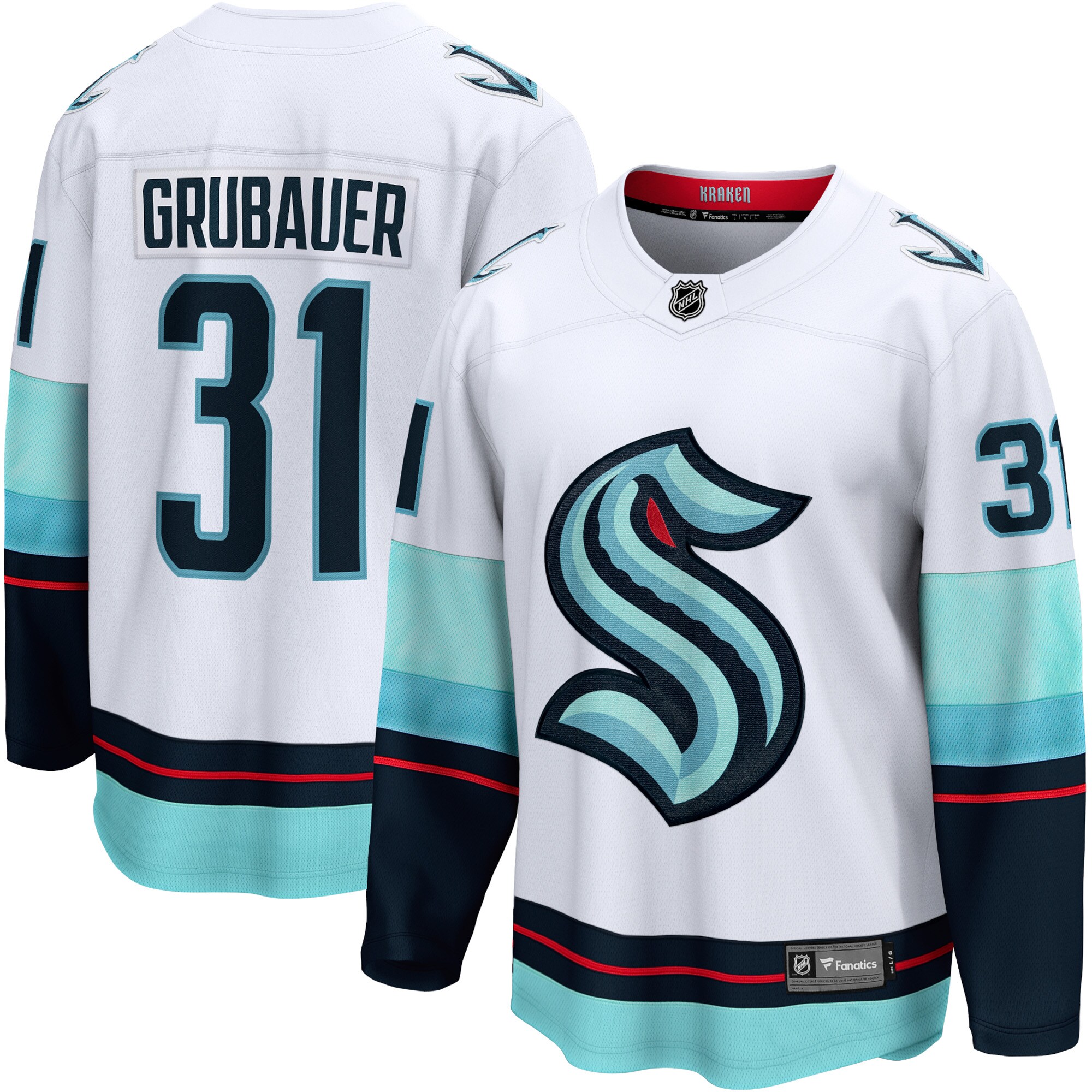 Philipp Grubauer Seattle Kraken Fanatics Branded Away Premier Breakaway Player Jersey - White - vstockx