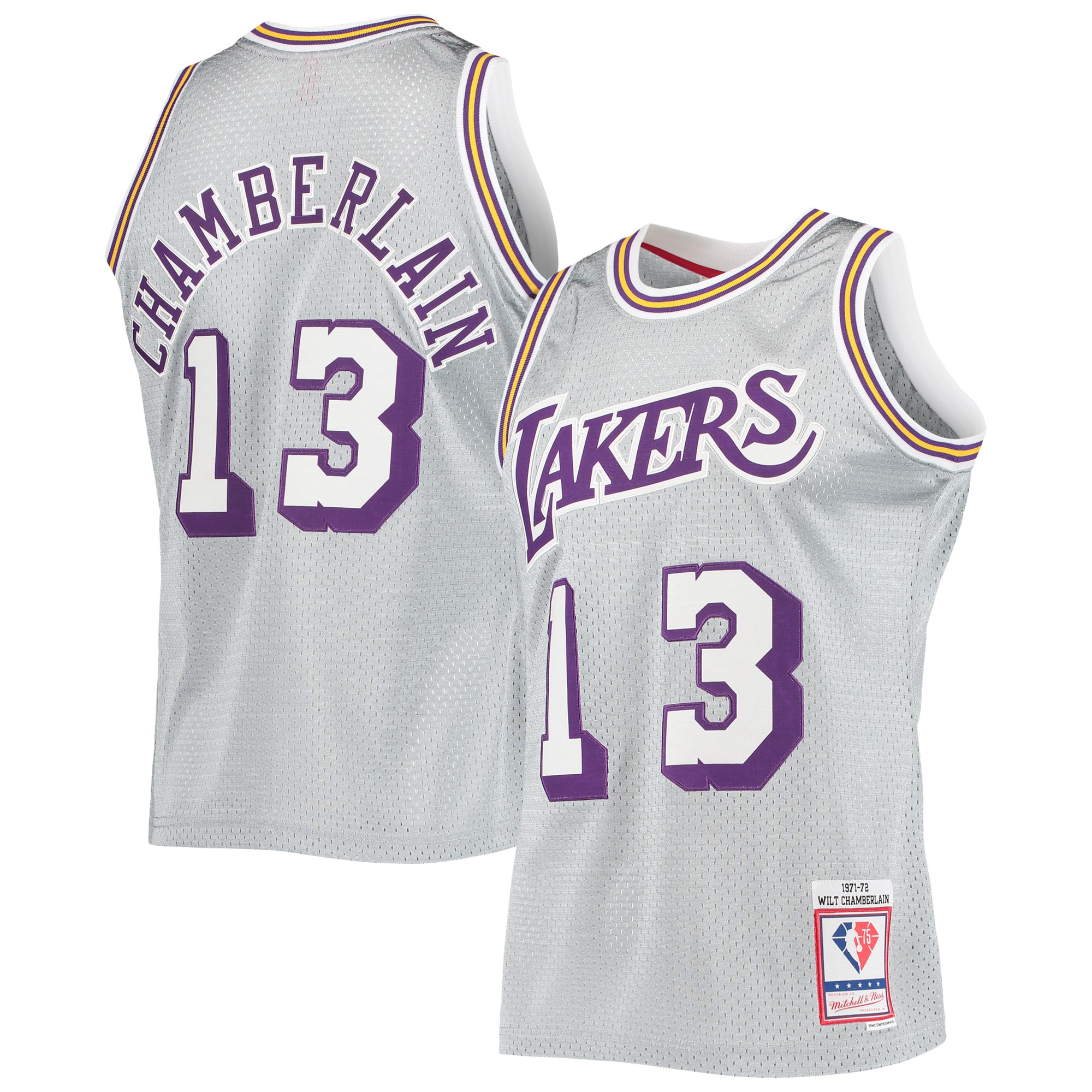 Wilt Chamberlain Los Angeles Lakers Mitchell & Ness 75th Anniversary 1971/72 Hardwood Classics Swingman Jersey - Silver - vstockx