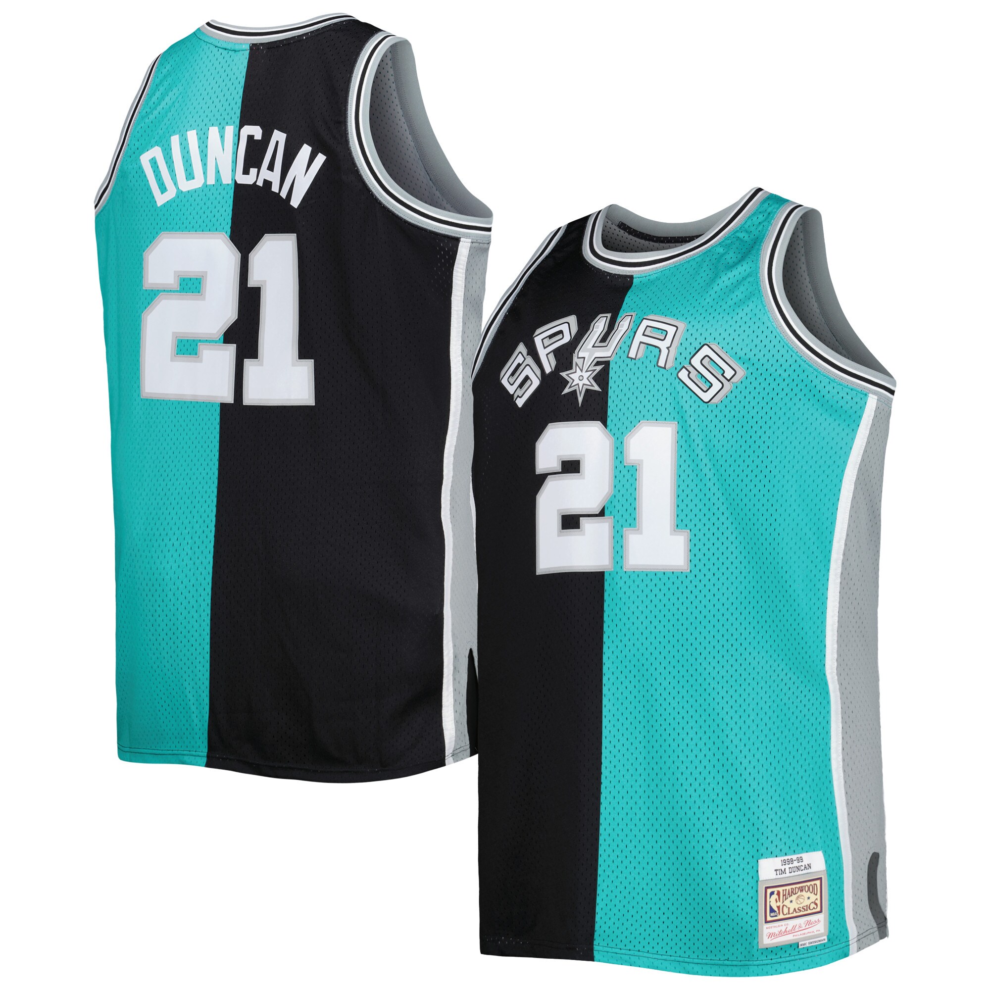 Tim Duncan San Antonio Spurs Mitchell & Ness Big & Tall Hardwood Classics 1998/99 Split Swingman Jersey - Black/Teal - vstockx