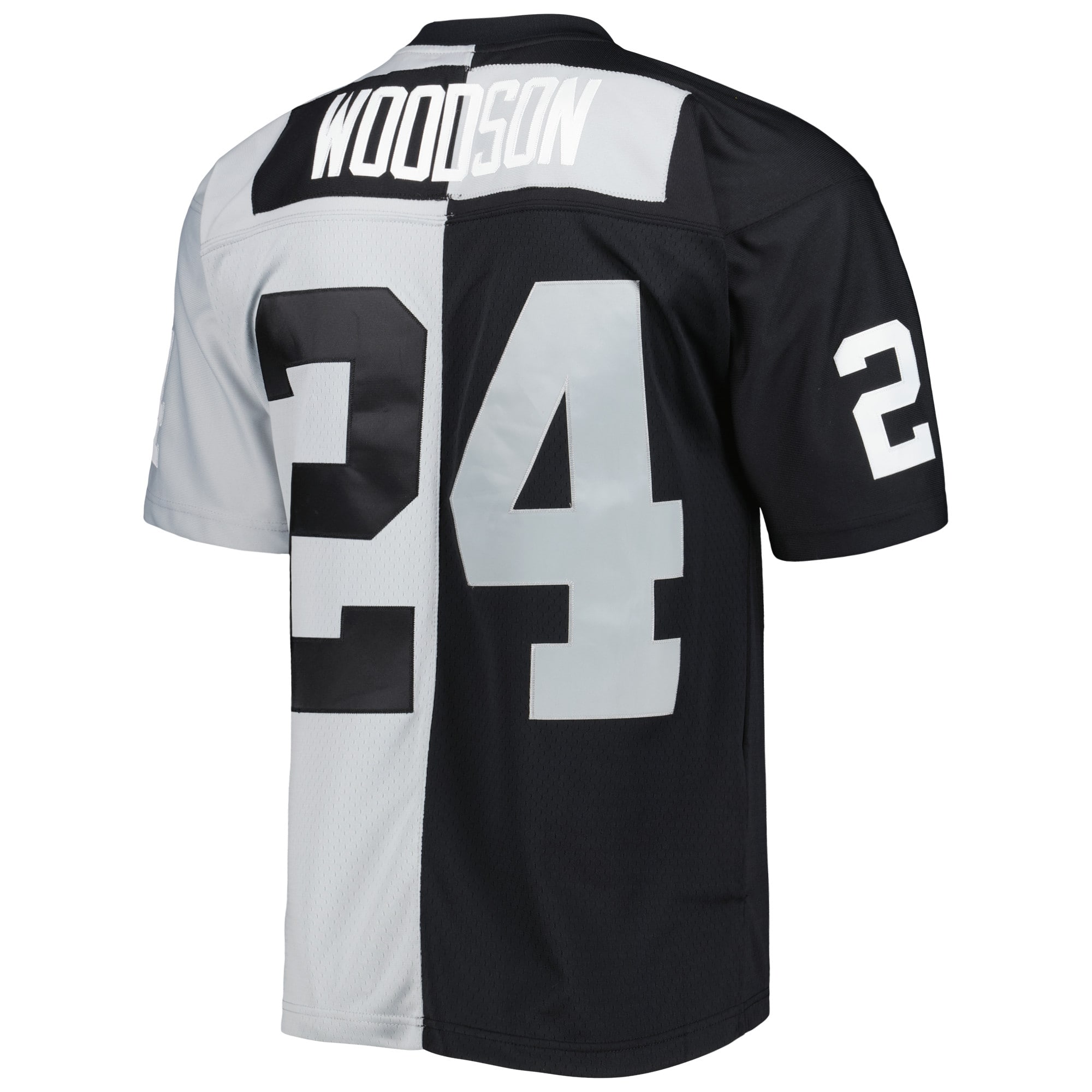Charles Woodson Las Vegas Raiders Mitchell & Ness 1998 Split Legacy Replica Jersey - Black/Silver - vstockx