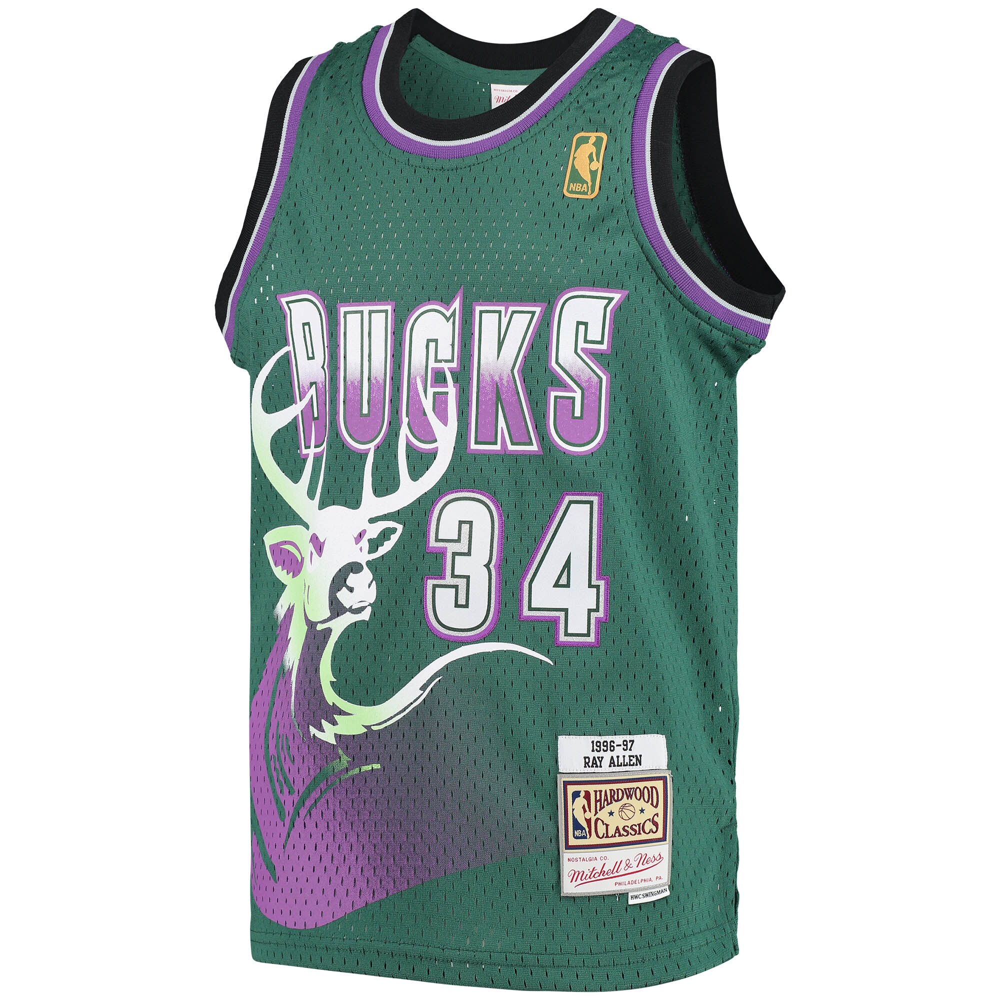 Ray Allen Milwaukee Bucks Mitchell & Ness Youth 1996-97 Hardwood Classics Swingman Jersey - Green - vstockx