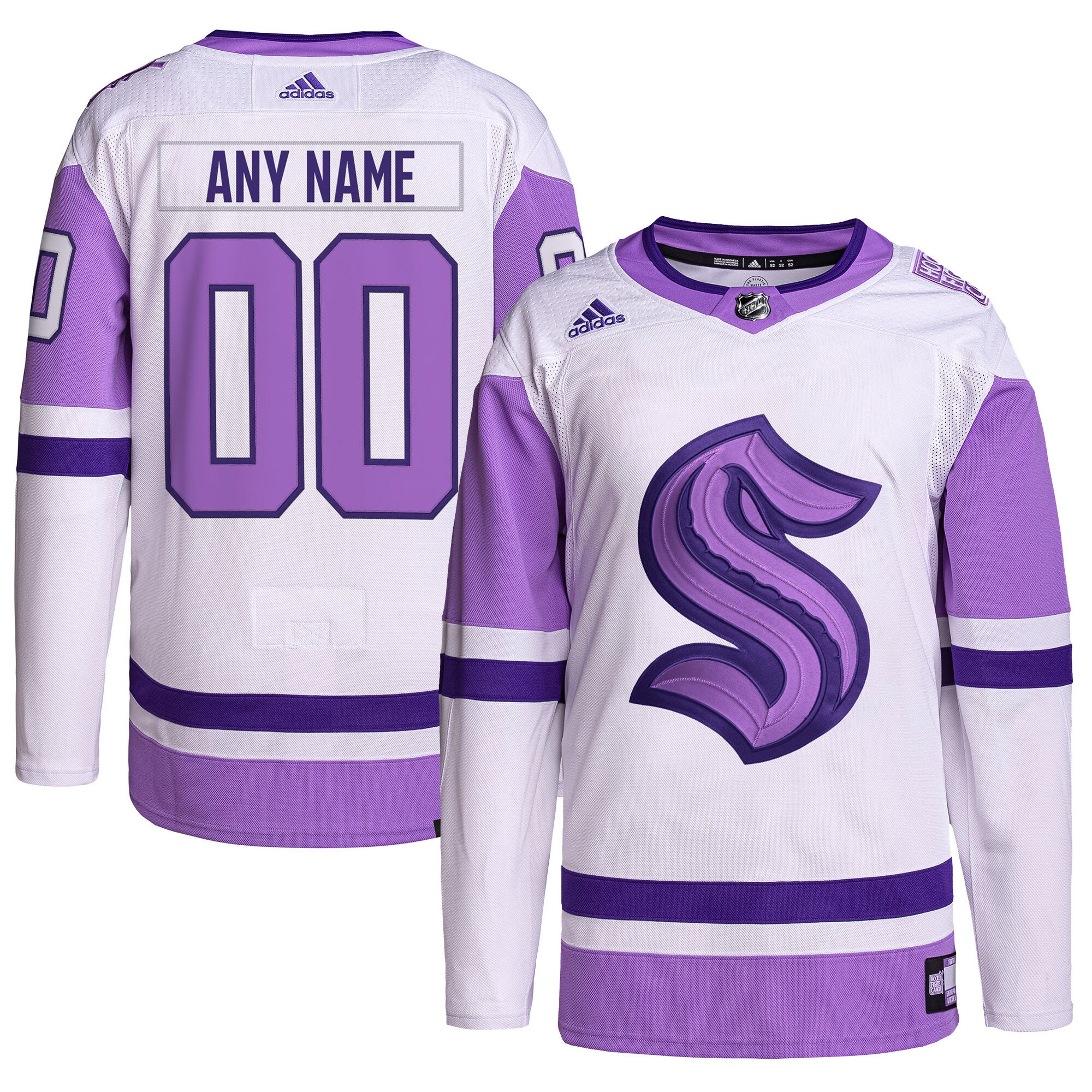 Seattle Kraken adidas Hockey Fights Cancer Primegreen Authentic Custom Jersey - White/Purple - vstockx