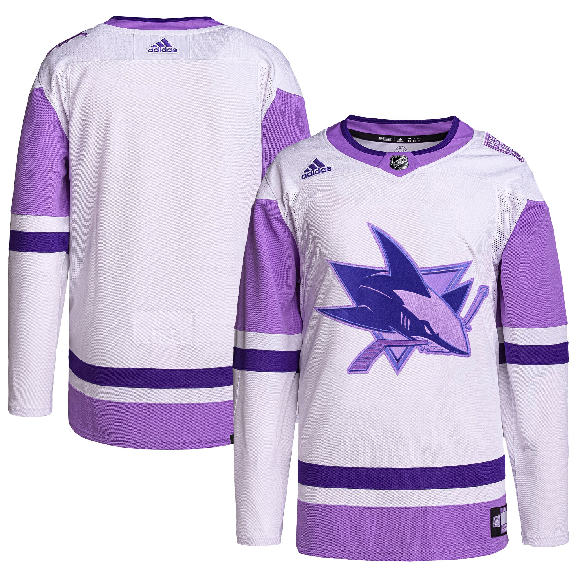 San Jose Sharks adidas Hockey Fights Cancer Primegreen Authentic Blank Practice Jersey - White/Purple - vstockx