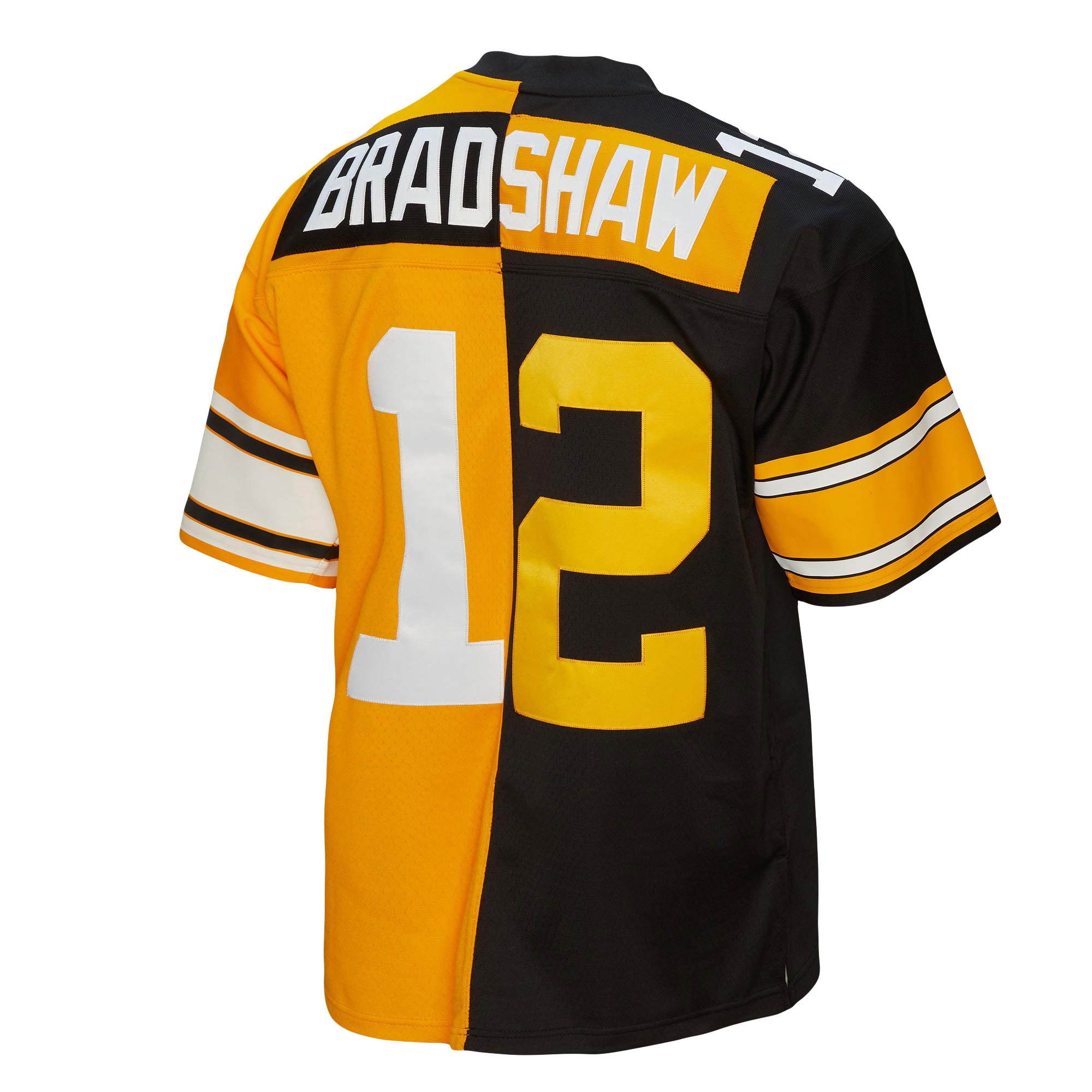 Terry Bradshaw Pittsburgh Steelers Mitchell & Ness 1976 Split Legacy Replica Jersey - Black/Gold - vstockx