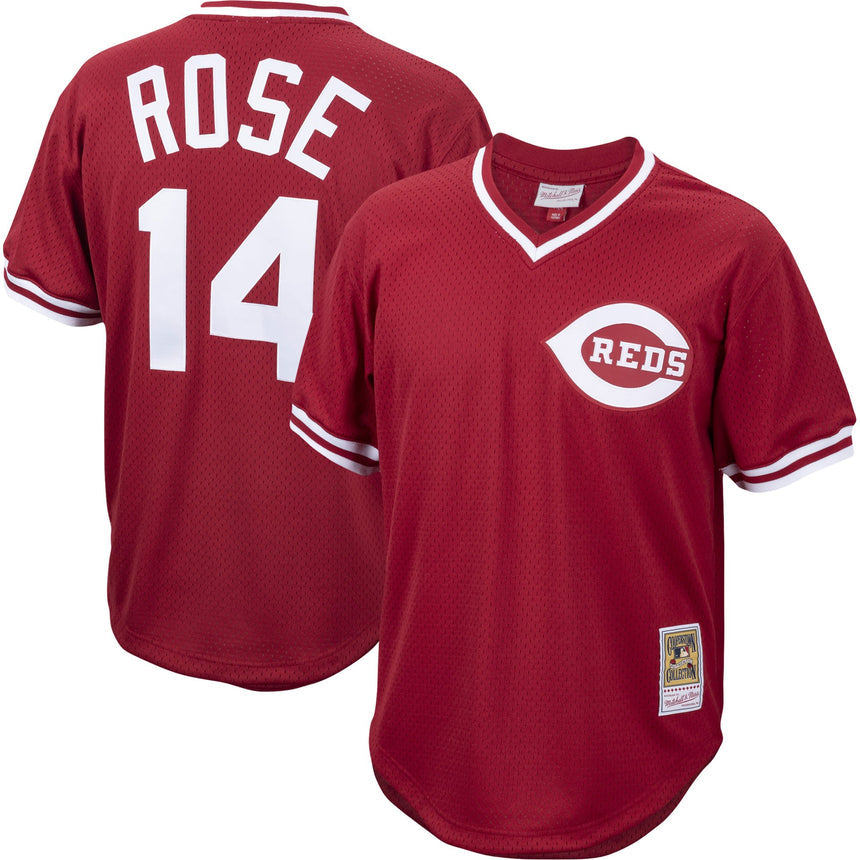 Men's Pete Rose Cincinnati Reds Mitchell & Ness Cooperstown Collection Authentic Mesh Batting Practice Jersey - Red - vstockx