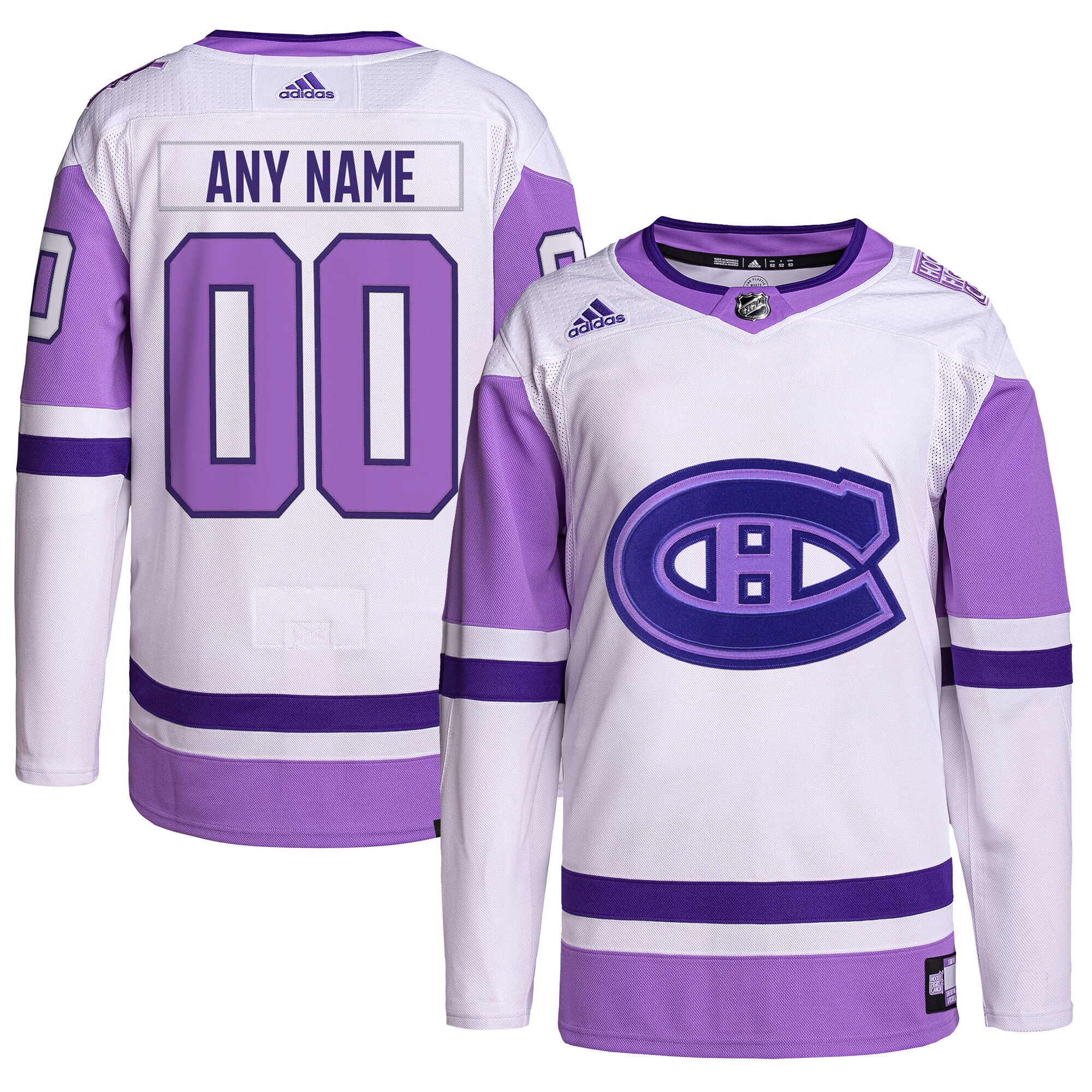 Montreal Canadiens adidas Hockey Fights Cancer Primegreen Authentic Custom Jersey - White/Purple - vstockx