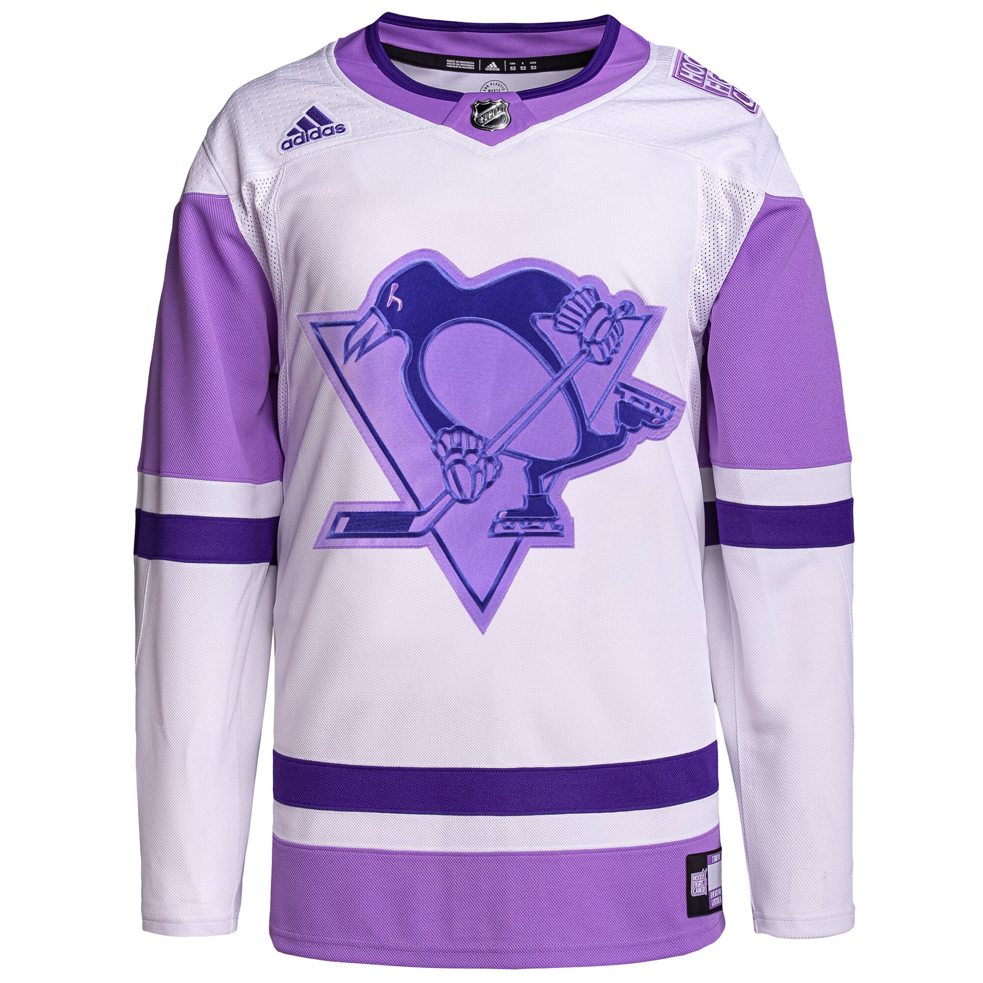 Pittsburgh Penguins adidas Hockey Fights Cancer Primegreen Authentic Blank Practice Jersey - White/Purple - vstockx